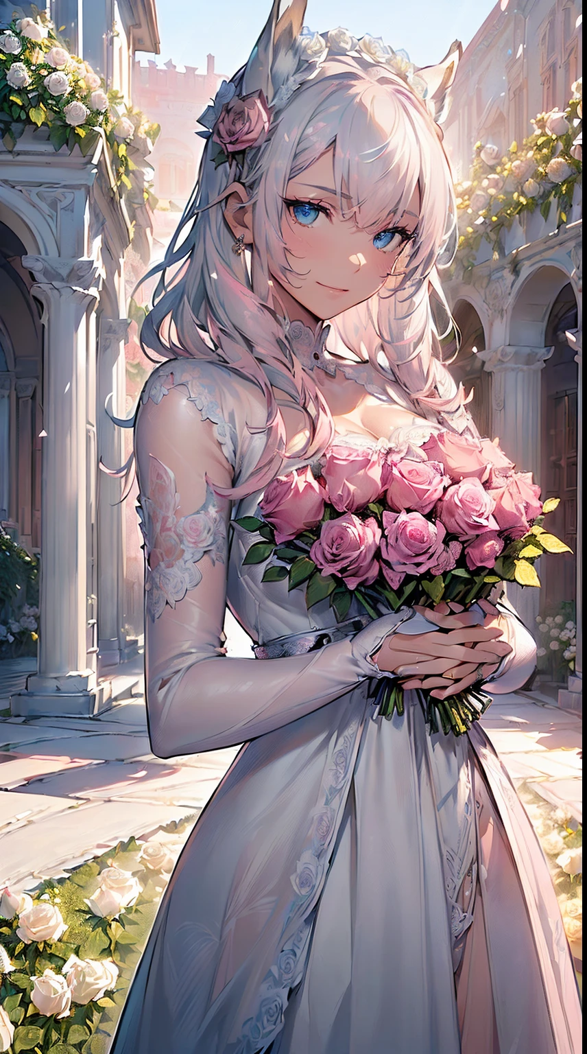 (((masterpiece))), (((highest quality))), ((ultra-detailed)), ((super fine illustration)), ((ultra-fine painting)), (upper body:1.2), (Highly detailed and delicate illustration style:1.45), detailed skin texture, detailed cloth texture, detailed rose flower texture, detailed wood texture, extreme detailed description, (T-masterpiece), ((highly detailed face)), original, raw photo, professional, Intricate details, super details, intricate ornament details, perfect anatomy, (16-year-old), real, (Solo), ((A very mysterious and sacred silver fox girl with nine tails and blue eyes who is a messenger of God:1.2)) BRAKE ((Beautifu and adorable silver fox ears:1.3)), ((Nine beautiful and adorable silver fox tails:1.2)), (nine silver fox tails:1.2), (nine silver fox tails:1.2), (multiple silver fox tails:1.2), (multiple silver fox tails:1.2), (Beautifully shaped breasts), (Beautifully shaped buttocks), (beautiful and shiny silver hair:1.3), (beautifl clear blue eyes:1.3), (detailed beautiful clear blue eyes:1.6), ((looking at me)), (Smile:1.2), Standing, (Celebration), (beautiful hands and fingertips:1.2) BRAKE (((A beautiful and gorgeous princess dress that is detailed and delicate to be worn at celebratory occasions:1.2))) BRAKE ((Holding in both hands a large bouquet of highly detailed and delicate ((white and pink roses)):1.4)) BRAKE (Daytime sun), (Celebration), ((Highly detailed and delicate garden of white roses and pink roses in the palace courtyard in the early afternoon of spring in the background:1.5)), (8K highest quality wallpaper:1.2), (Highly detailed and delicate background:1.2) BRAKE