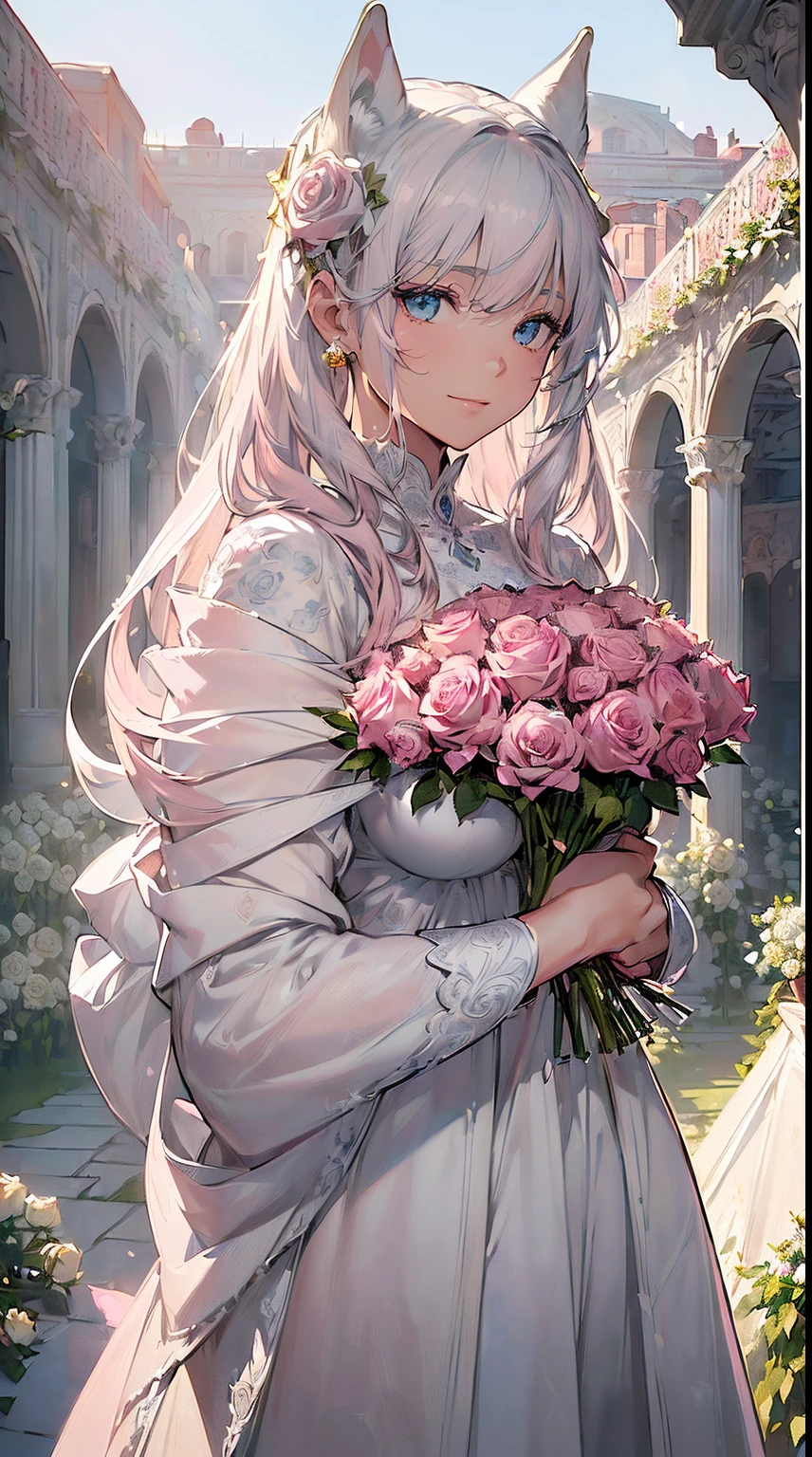 (((masterpiece))), (((highest quality))), ((ultra-detailed)), ((super fine illustration)), ((ultra-fine painting)), (upper body:1.2), (Highly detailed and delicate illustration style:1.45), detailed skin texture, detailed cloth texture, detailed rose flower texture, detailed wood texture, extreme detailed description, (T-masterpiece), ((highly detailed face)), original, raw photo, professional, Intricate details, super details, intricate ornament details, perfect anatomy, (16-year-old), real, (Solo), ((A very mysterious and sacred silver fox girl with nine tails and blue eyes who is a messenger of God:1.2)) BRAKE ((Beautifu and adorable silver fox ears:1.3)), ((Nine beautiful and adorable silver fox tails:1.2)), (nine silver fox tails:1.2), (nine silver fox tails:1.2), (multiple silver fox tails:1.2), (multiple silver fox tails:1.2), (Beautifully shaped breasts), (Beautifully shaped buttocks), (beautiful and shiny silver hair:1.3), (beautifl clear blue eyes:1.3), (detailed beautiful clear blue eyes:1.6), ((looking at me)), (Smile:1.2), Standing, (Celebration), (beautiful hands and fingertips:1.2) BRAKE (((A beautiful and gorgeous princess dress that is detailed and delicate to be worn at celebratory occasions:1.2))) BRAKE ((Holding in both hands a large bouquet of highly detailed and delicate ((white and pink roses)):1.4)) BRAKE (Daytime sun), (Celebration), ((Highly detailed and delicate garden of white roses and pink roses in the palace courtyard in the early afternoon of spring in the background:1.5)), (8K highest quality wallpaper:1.2), (Highly detailed and delicate background:1.2) BRAKE