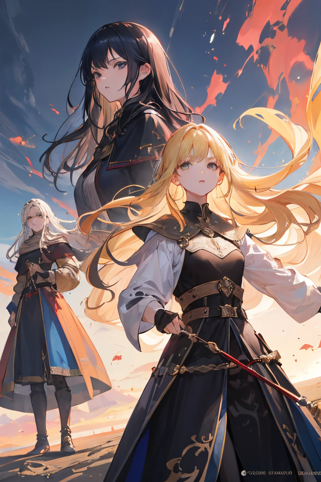 ((La mejor calidad)), ((Obra maestra)), (Detallado), Cara perfecta, two women, one woman with long blonde hair, the other woman with long black hair, looking at the horizon, legends, fantasy, medieval, warriors, la mujer rubia con expresion seria, estilo portada de pelicula, luchando