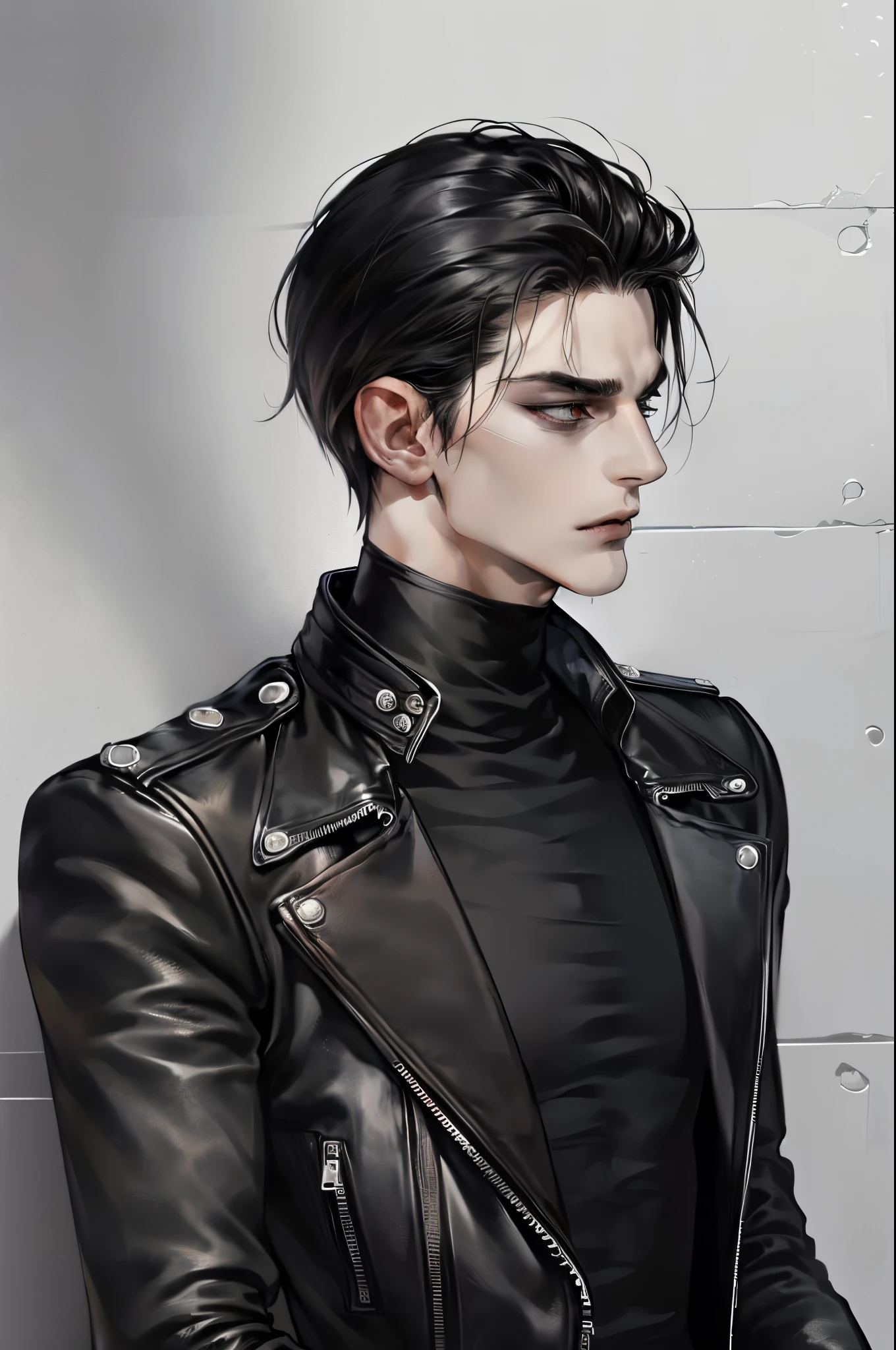 (1 male, man, a man 20-30 years old), gothic rock style, handsome, attractive, sexy, a fierce look, piercing gaze, cold eyes, black hair, perfect detailed face, (dressed in a black leather jacket with rolled up sleeves, black turtleneck, black leather pants, heavy boots, black leather gloves on both hands, the face is covered with a black mask), leaning against the wall