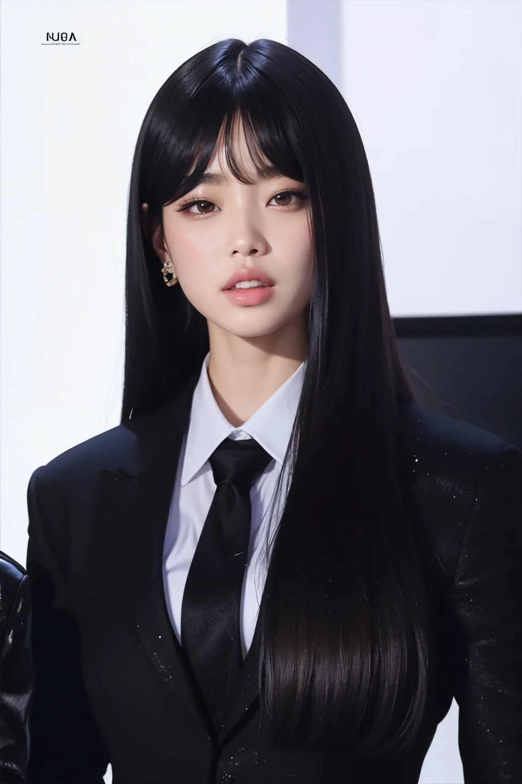 Araffe Asian woman with long black hair wearing a suit and tie, Ela tem cabelo preto como franja, Lalisa Manobal, Jaeyeon Nam, Retrato de Jossi do Blackpink, jossi do blackpink, Lalisa Manoban do Blackpink, como uma tira completa, como franja, Bae Suzy, Parque Ji-min, Lee Ji-eun