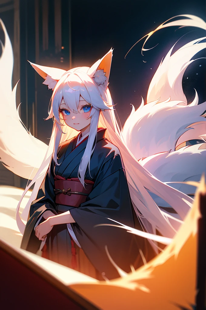 Beautiful young girl, long white hair, blue eyes, dimly-lit, bedroom, kitsune, fox-ears, fox-tail, kimono.