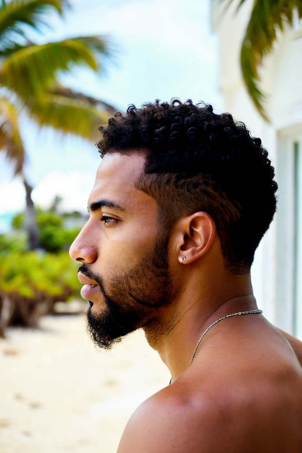 handsome light skin mixed race black man with short hair and beard in Bahamas in profile view