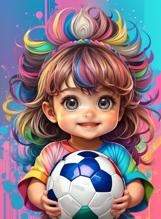 (cute baby girl with a soccer ball smiling),(melhor pose),(best angle), (better expression), Eduardo Kobra acolchoamento ,multidimensional geometric wall PORTRAIT, arte, Chibi,
Yang08k, lindo, Colouring,
Primary works, qualidade superior, melhor qualidade, Arte Oficial, Beautiful and Aesthetic, pelos coloridos,