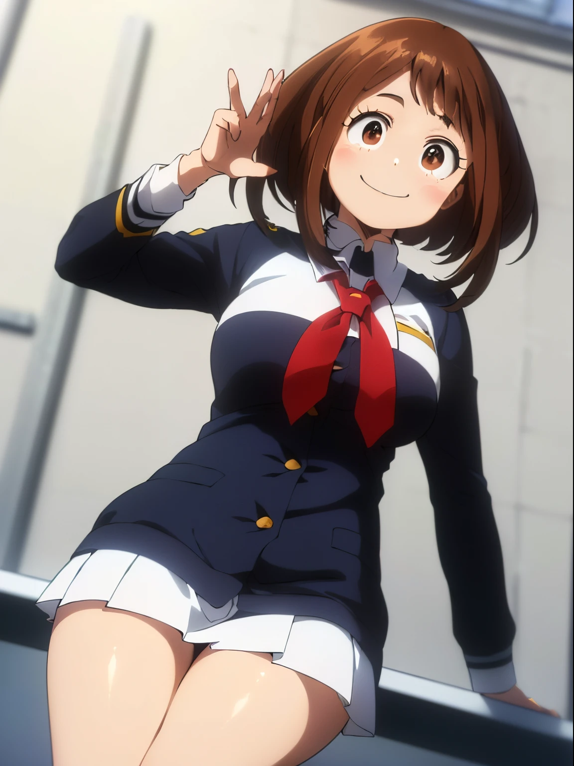 masuter piece, Best Quality, 超A high resolution, Anime style, The best lighting, Beautiful face, ​masterpiece、top-quality、ultra-detailliert、细致背景、1girl in、独奏、A smile、Ochako Uraraka、looking at the viewers、large full breasts, student clothes