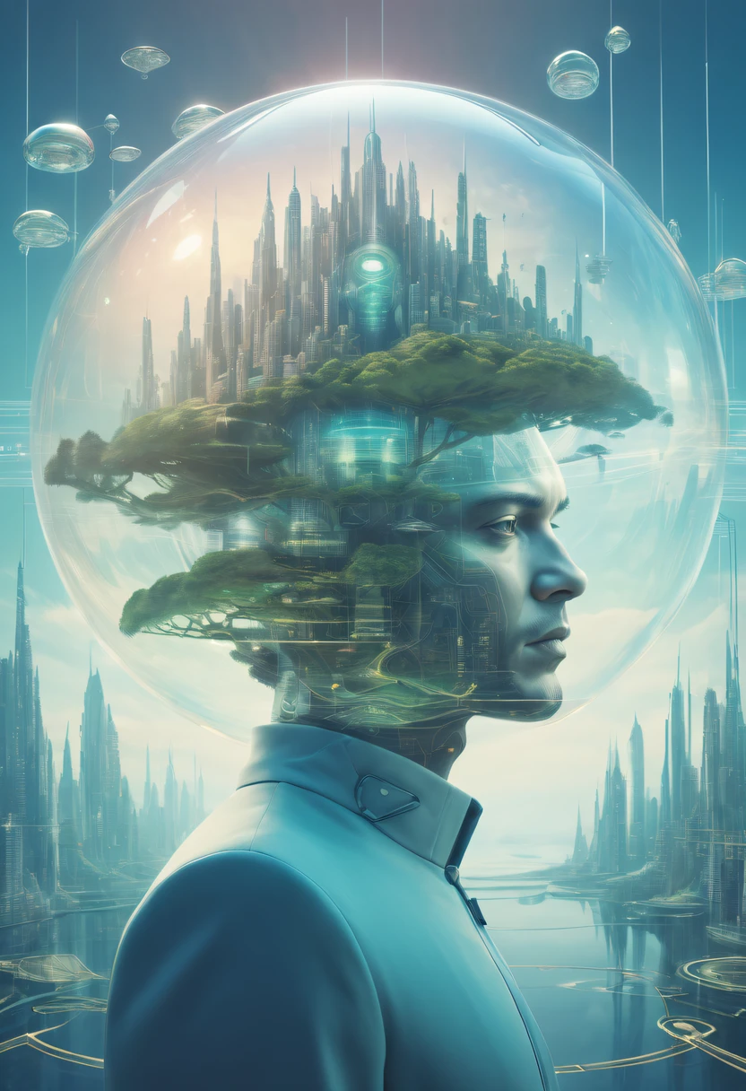Dubrec style，Transparent person avatar，Vision of the future utopian world image，（multiple exposure：1.8），Complex illustrations in surrealist art style，Surreal dreams，Future utopian world dream