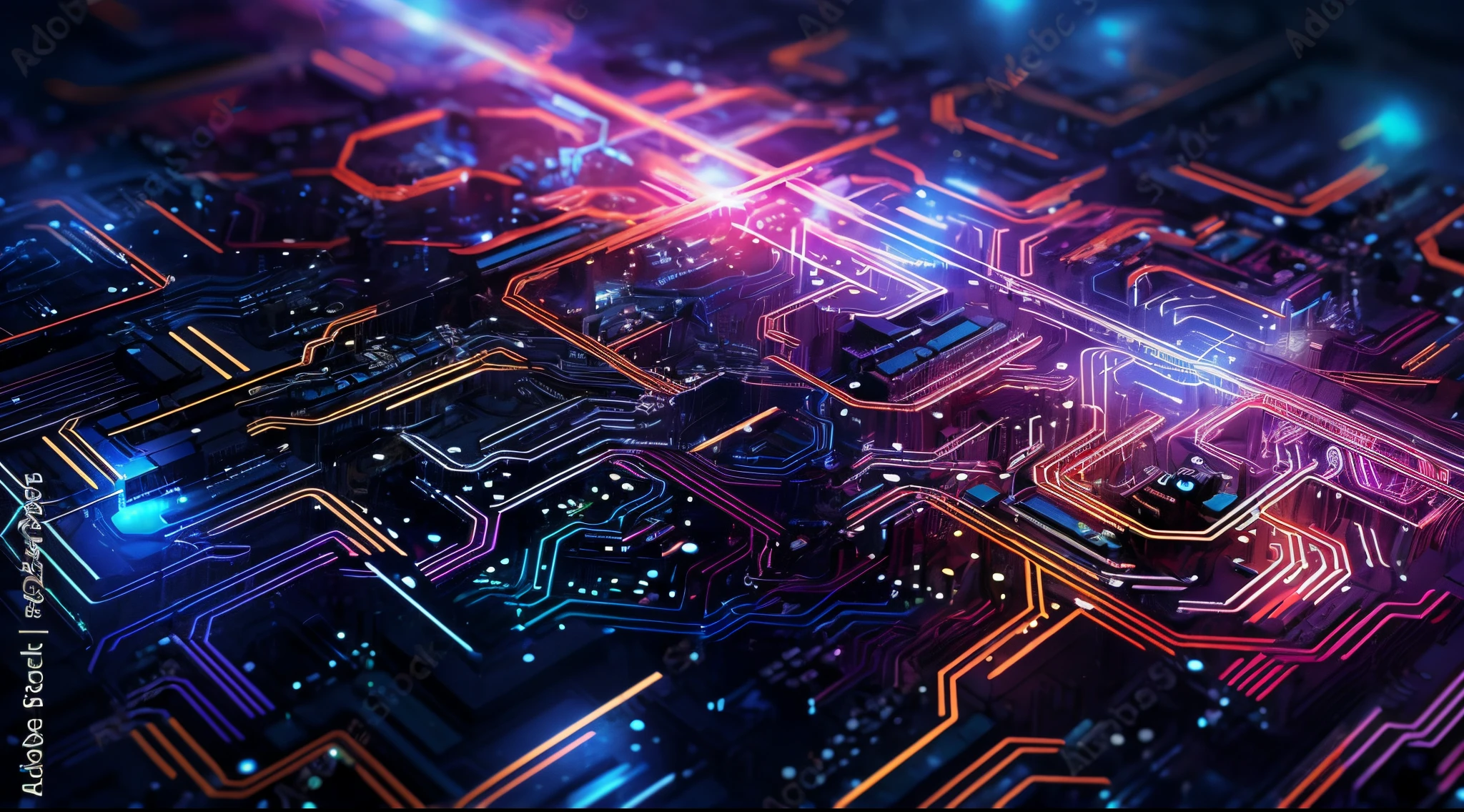 um close de uma placa de circuito de computador com muitas luzes, arte digital altamente detalhada, arte digital altamente detalhada, 3d renderizar arte digital, intricate neon circuit pattern, hyper detailed 3d render, hyper detailed 3d render, Arte digital altamente detalhada em 4k, arte digital futurista, 3d abstract render overlayed, 3 d render bipe, motherboard circuitry