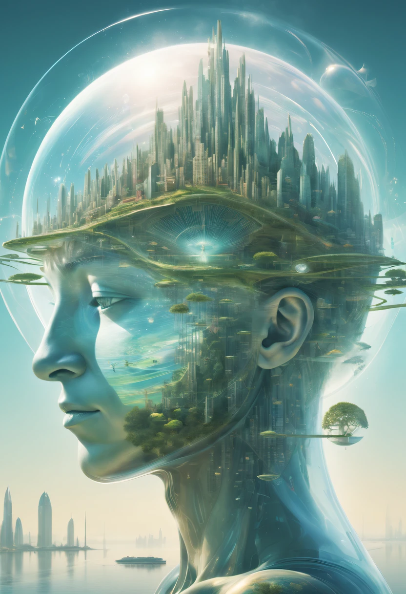 Dubrec style，Transparent person avatar，Vision of the future utopian world image，（multiple exposure：1.8），Complex illustrations in surrealist art style，Surreal dreams，Future utopian world dream