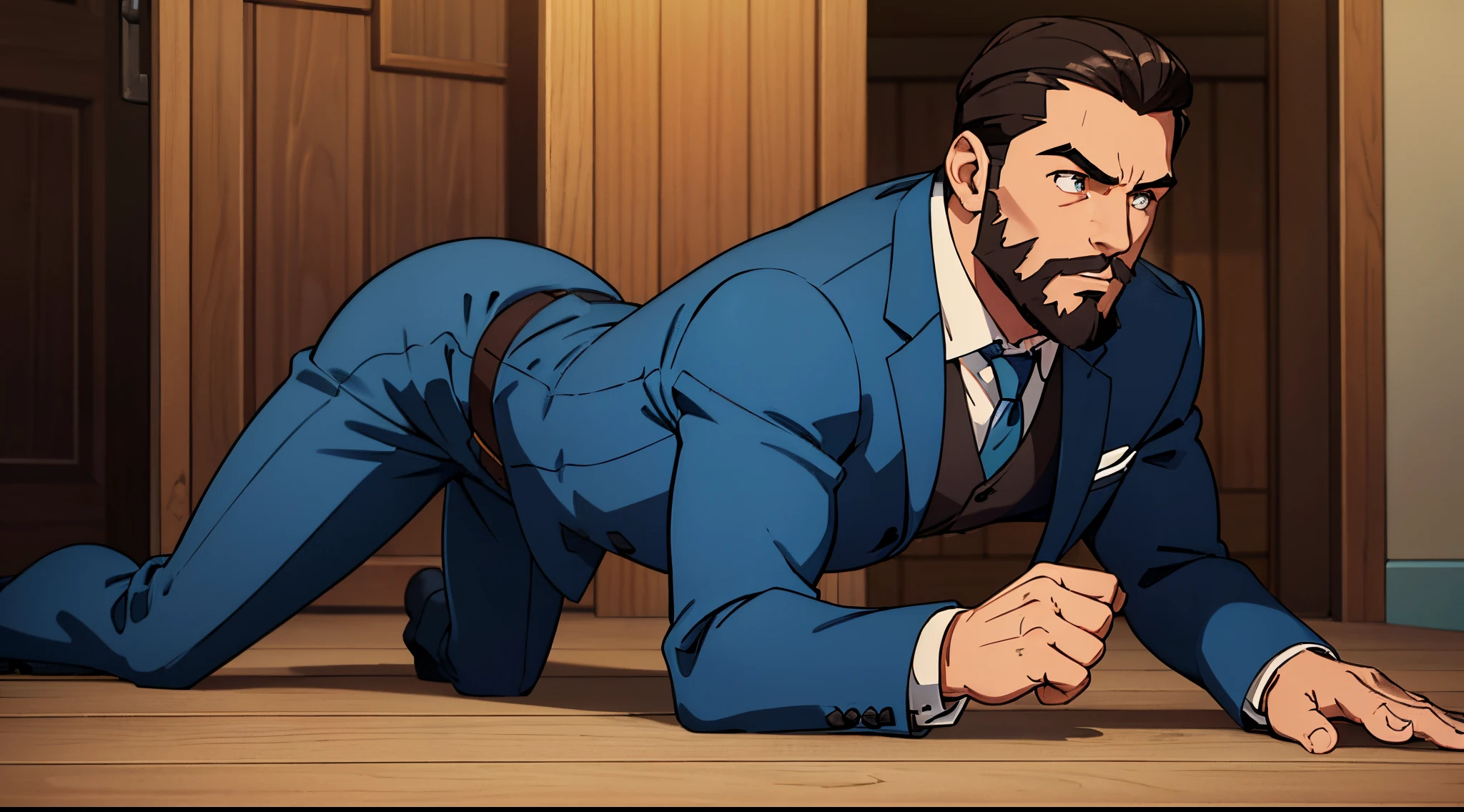 A young student named (((argo))) ((athletic)),muscular, with brown beard and slicked back hair, (strong, masculine), blue suit is crawling on a wooden floor in a offlice reaching for something