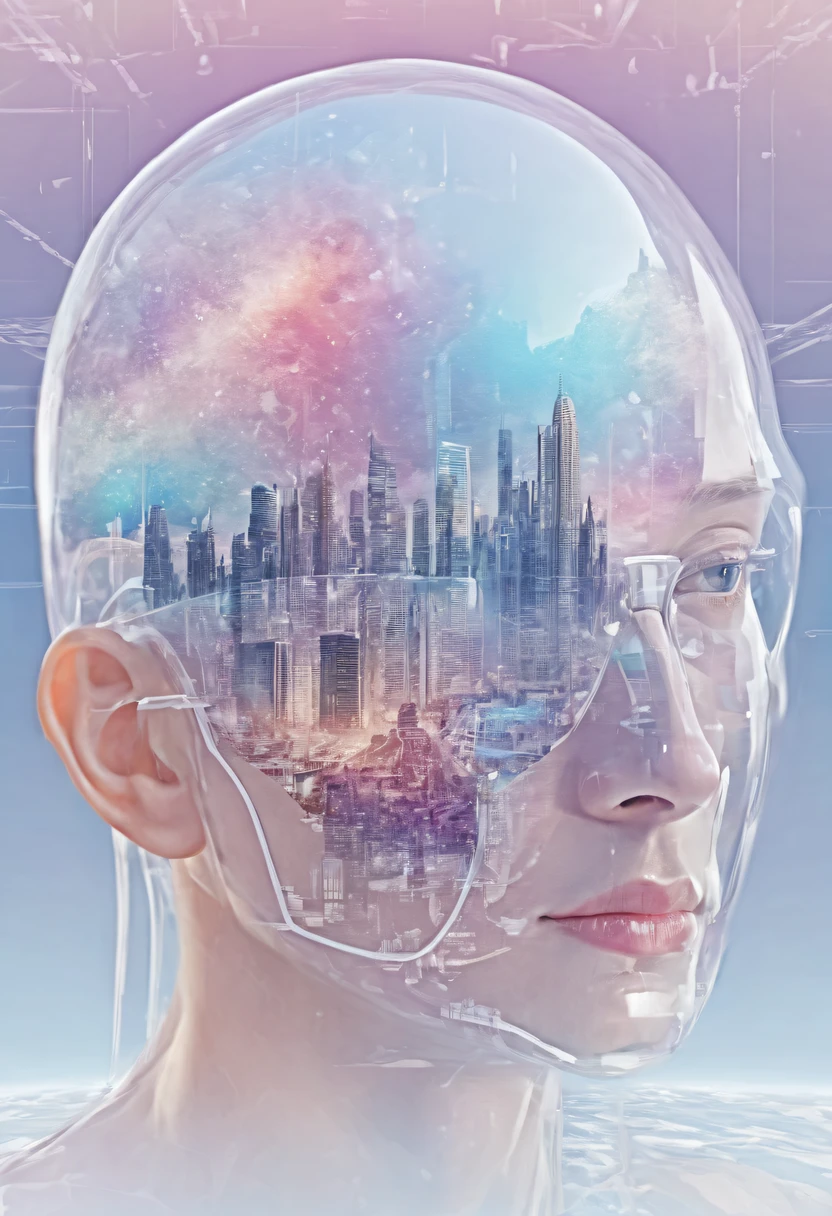 Dubrec style,Transparent person avatar,Vision of the future utopian world image,(multiple exposure:1.8),Complex illustrations in surrealist art style,Surreal dreams,Future utopian world dream