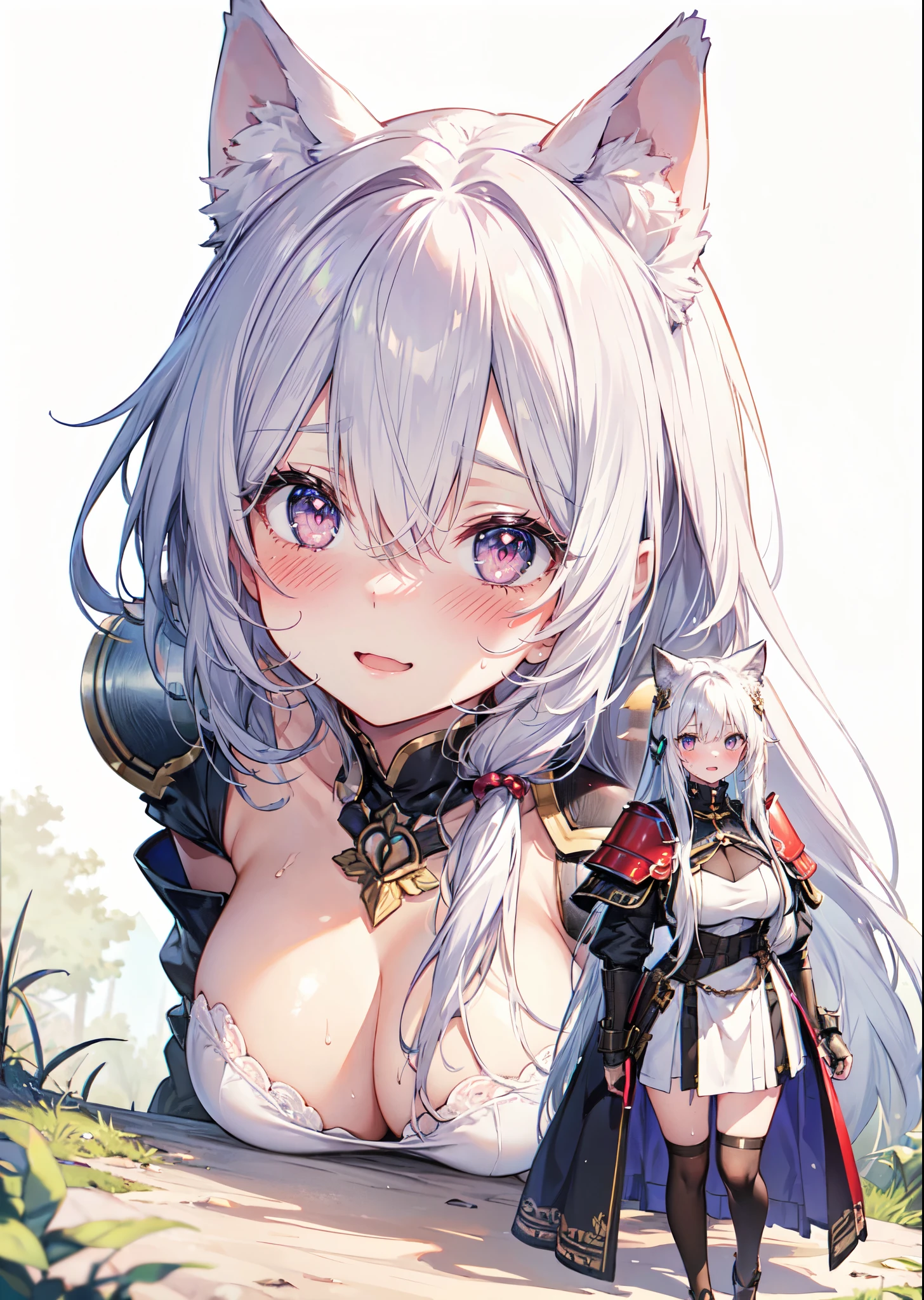 fantasy forest, (fantasy:1.2), (forest background: 1.3), (yuri:1.5), looking at another, (2girls:1.7), (giantess:1.2), (height_difference:1.5), (size_difference:1.3), (giantess:1.1), forest background, nature environment, she is much taller than her, a giantess next to a girl, a giantess looking down at a girl, a giantess, (tall woman:1.4), (adult woman: 1.2), large breasts, navel, panties, happy, (very tall: 1.1), armor, gambeson, shoulderplates, from below, girl next to a giantess, woman, tiny breasts, armor, gambeson, shoulderplates, naked, long hair, embarrassed, scared, poor clothing, dirty clothing, (long_hair:1.3), big breasts, sweaty, village background, bare skin, catgirl, they love each other,