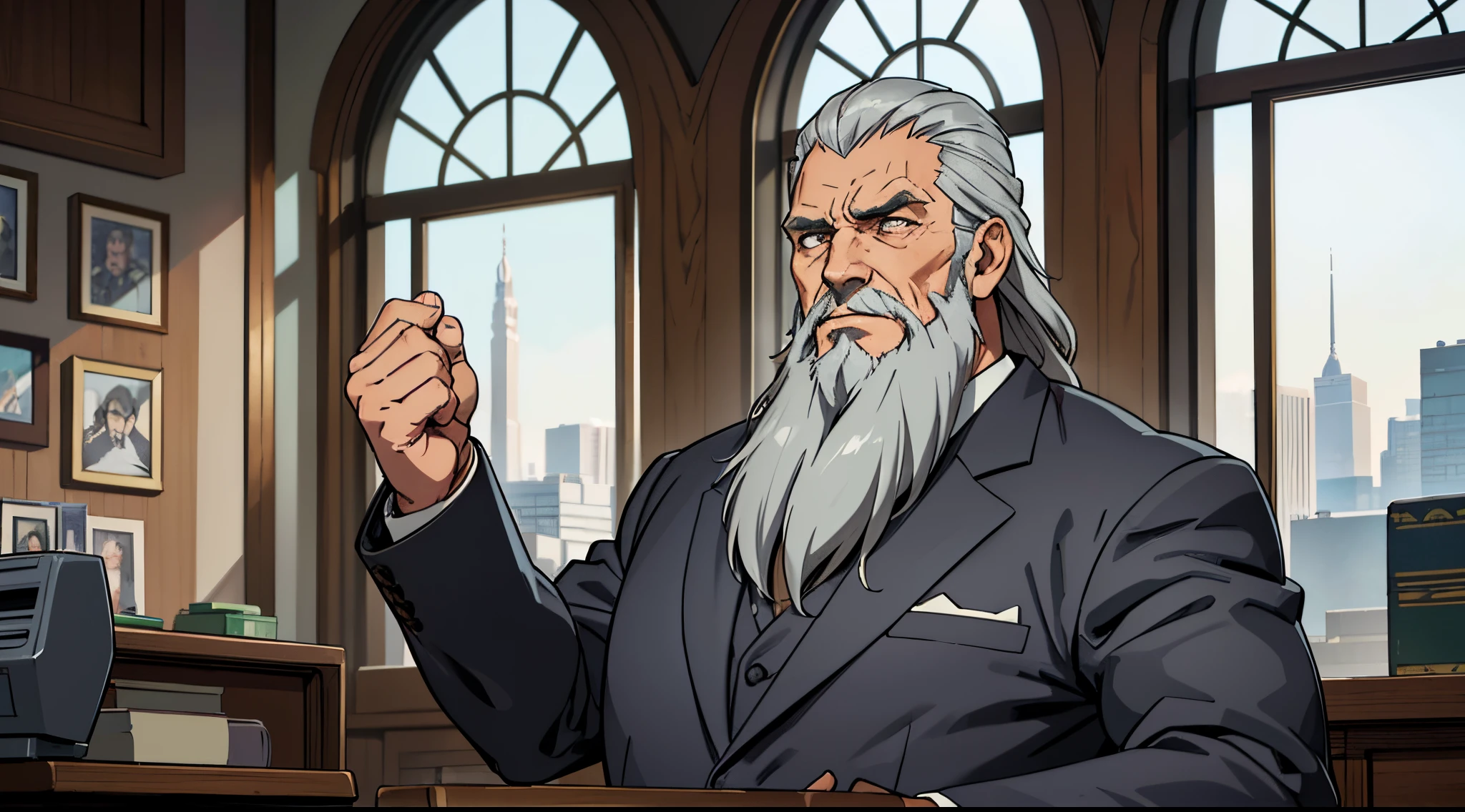 A master called (((Azok))) ,old, strong, bearded, grey suit, detailed face, gray hair and beard, commanding presence, wise expression, wrinkled skin, textured aging, confident posture, firm stance, is sitting in a big expensive office in a armschair, window behind him with the view of the city