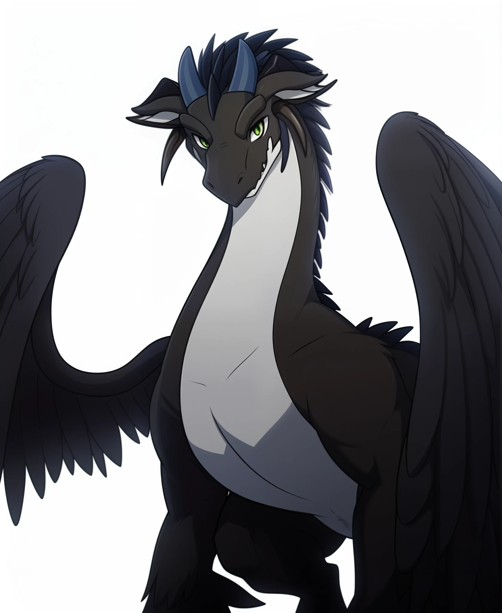 a black and white bird with large wings and a white body, Discord PFP, as an anthropomorphic dragon, but as an anthropomorphic dragon, foto de perfil do discord, inspirado em Sugimura Jihei, Ancalagon o Preto, anthro dragon art, young male anthro dragon, com asas grandes, avian!!! Fursona
