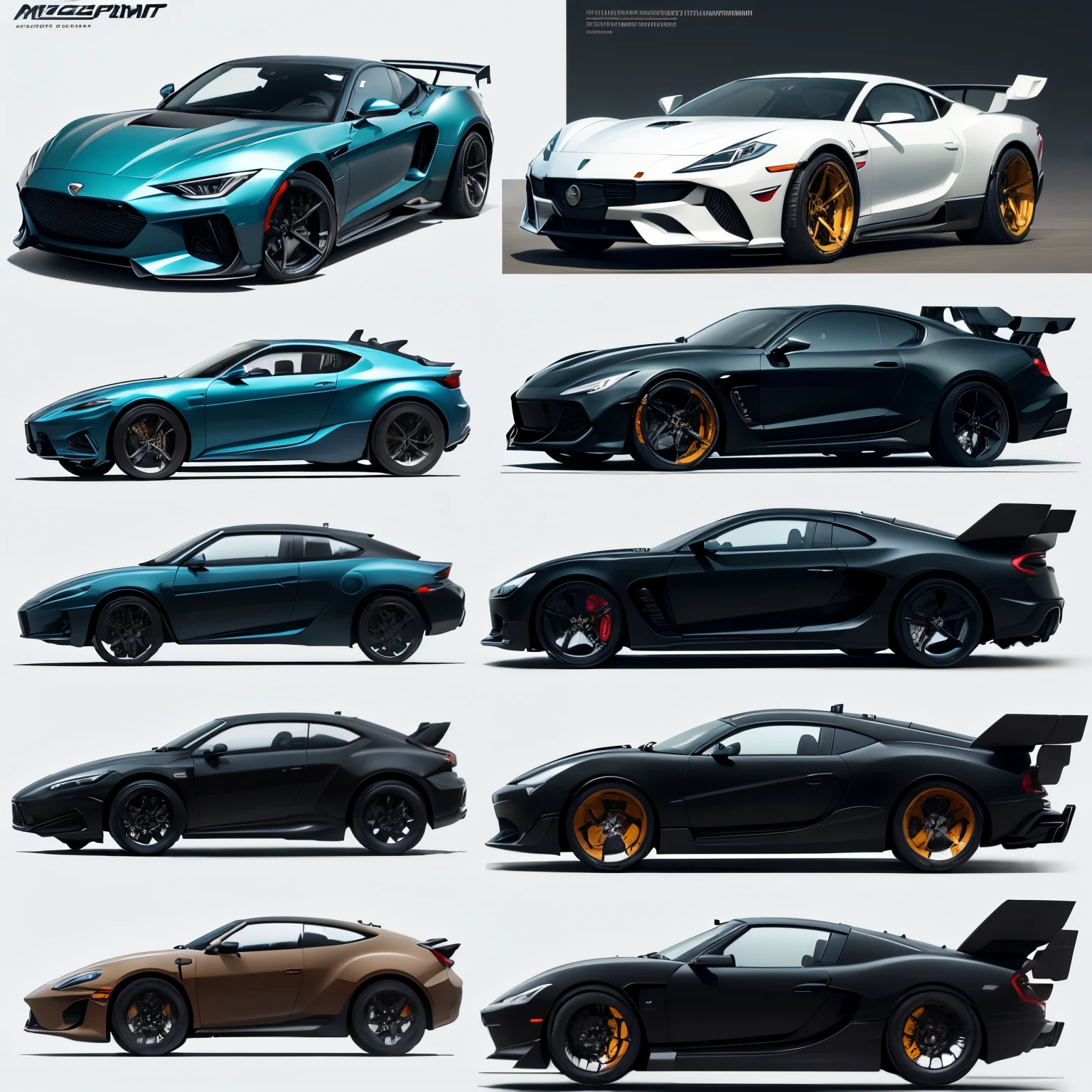 Technical sheet of the design concept of a military sports car with machine guns on the sides, characterized by style and flowing lines, a combination of simplicity and modern technology, with built-in two machine guns, armored, View from different sides, Technical description of the elements