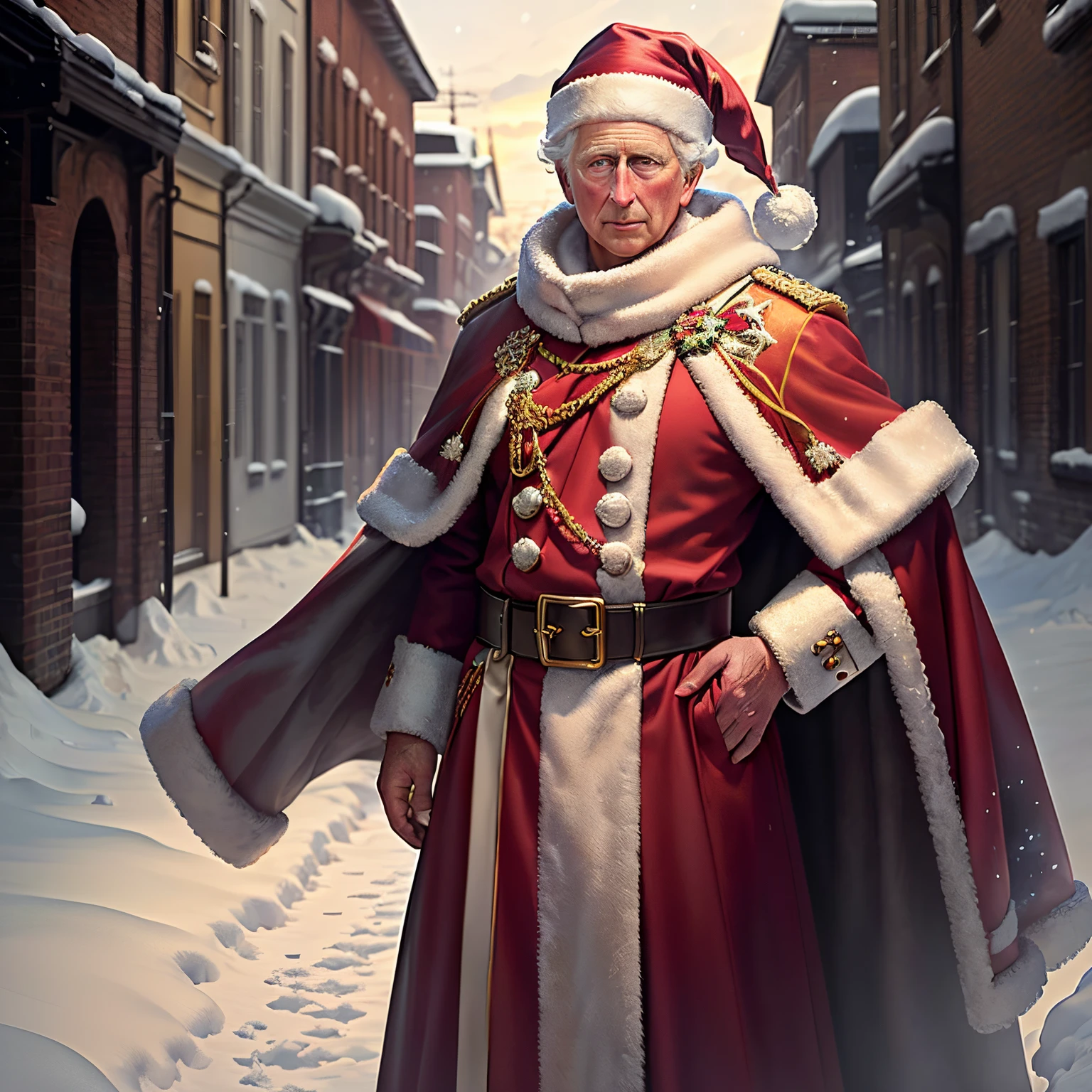 Full-length image of Prince Charles of England dressed in a Santa Claus outfit playing in the snow.  Panoramic image, clothing details, 8K texture, 8k, complex details, realistic, realism, soft cinematic light, HDR, sharp focus, (Cinematic look), intricate, elegant, masterpiece, high quality.