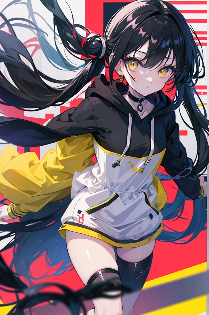 (masterpiece, beautiful, aesthetic, vibrant, official anime art, highest quality, 8k, 4k, 1girl), black long hair, long twintails, yellow eyes, choker, wearing a long black hoodie covering her thighs, inside a train, perfect shadows, beautiful eyes, detailed eyes, shiny, night time, hard light,