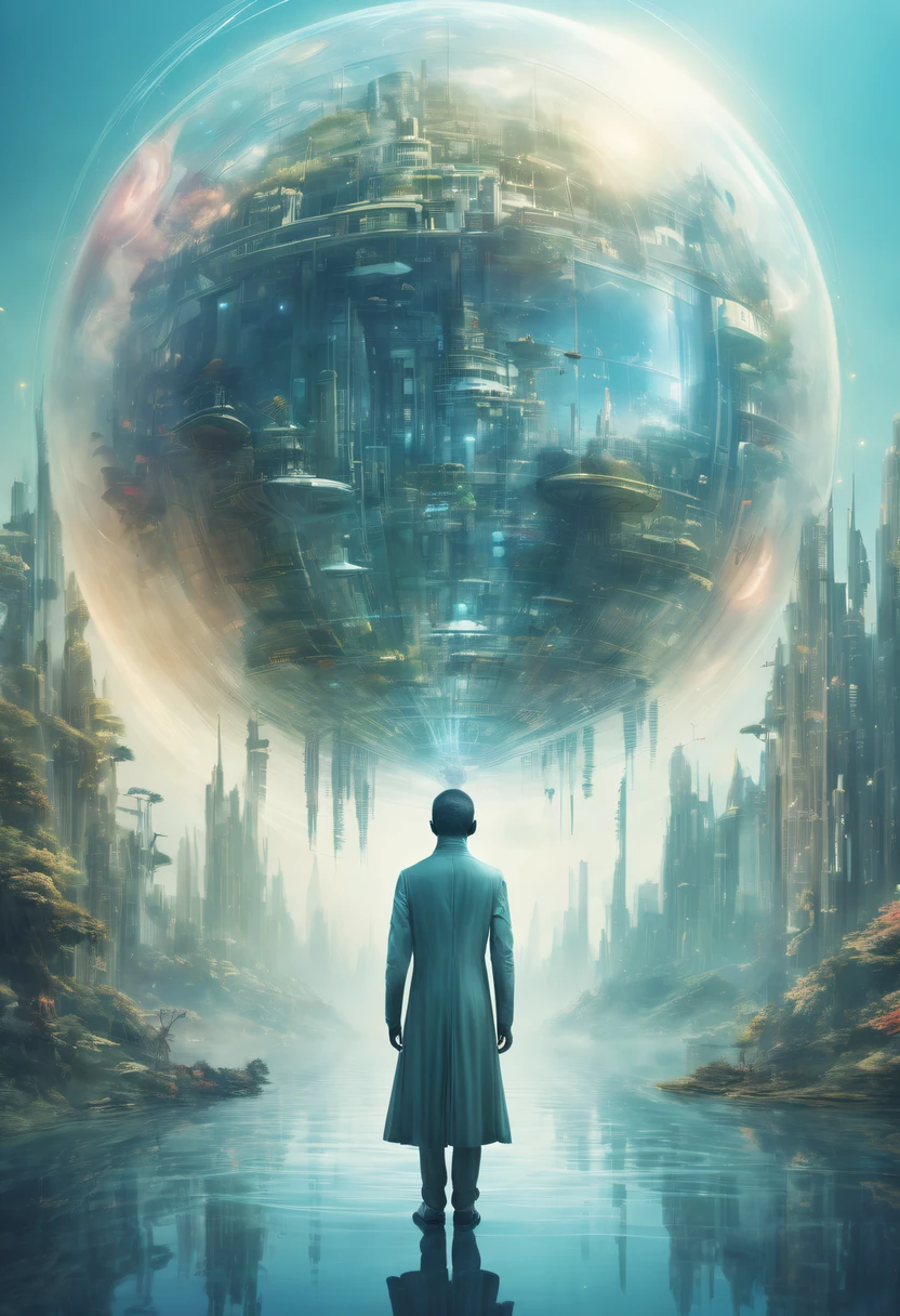 Dubrec style,Transparent person avatar,Vision of the future utopian world image,(multiple exposure:1.8),Complex illustrations in surrealist art style,Surreal dreams,Future utopian world dream