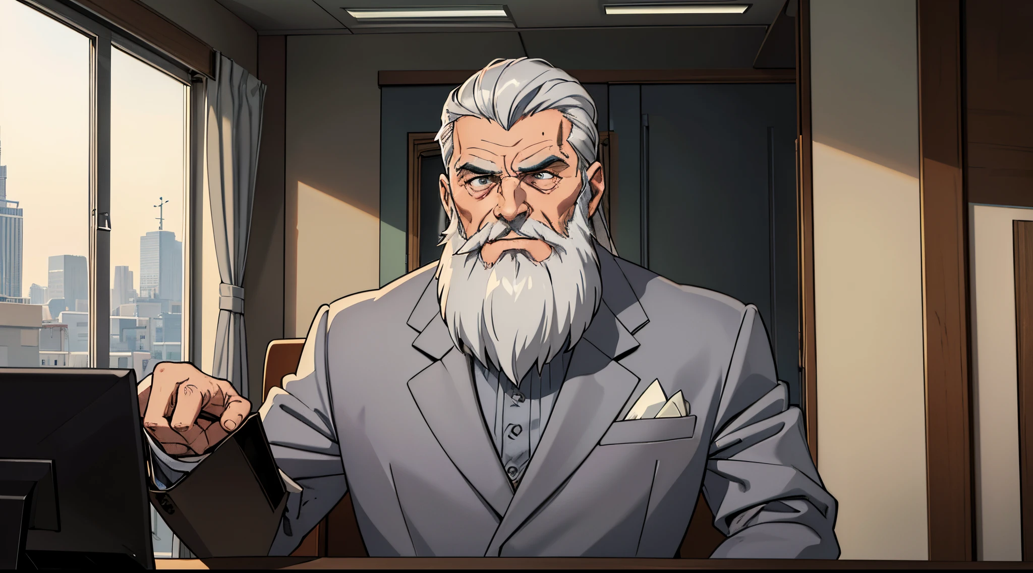 A master called (((Azok))) ,old, strong, bearded, grey suit, detailed face, gray hair and beard, commanding presence, wise expression, wrinkled skin, textured aging, confident posture, firm stance, is sitting in a big expensive office in a armschair, window behind him with the view of the city