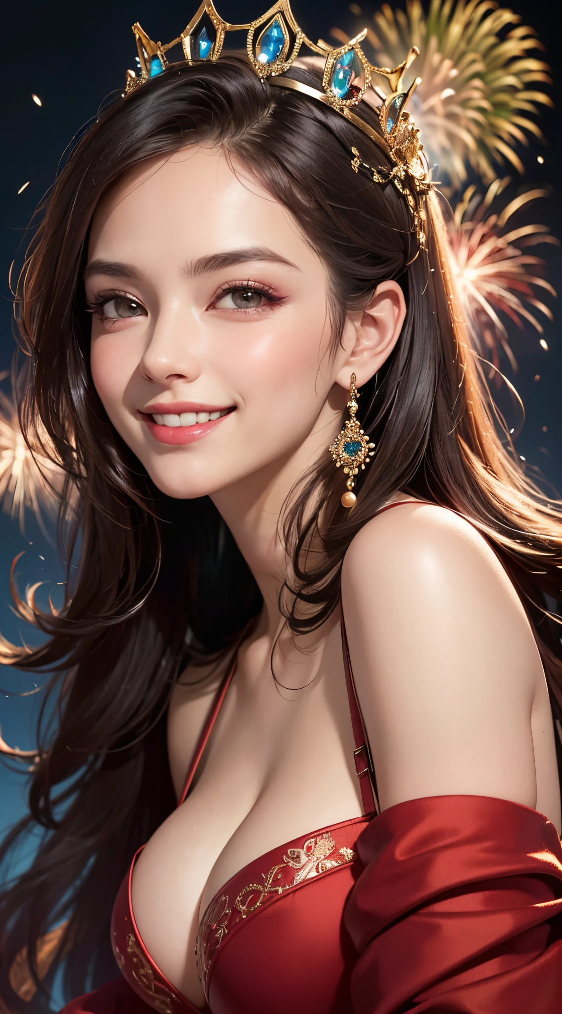 (UHD, retina, masterpiece, ccurate, anatomically correct, textured skin, super detail, high details, high quality, best quality, highres, 1080P, HD, 4K, 8k, 16k), (beautiful detailed eyes, beautiful detailed lips, extremely detailed eyes and face), studio lighting, physically-based rendering, vivid colors, (big tits, super big tits, super extra big tits, glamorous body), (crown, queen red robe), (portrait, shiny hair, shiny skin), (bokeh), (tilt your head to the side:1.5), eye reflection, (blush, smile:1.5), (firework:1.2),