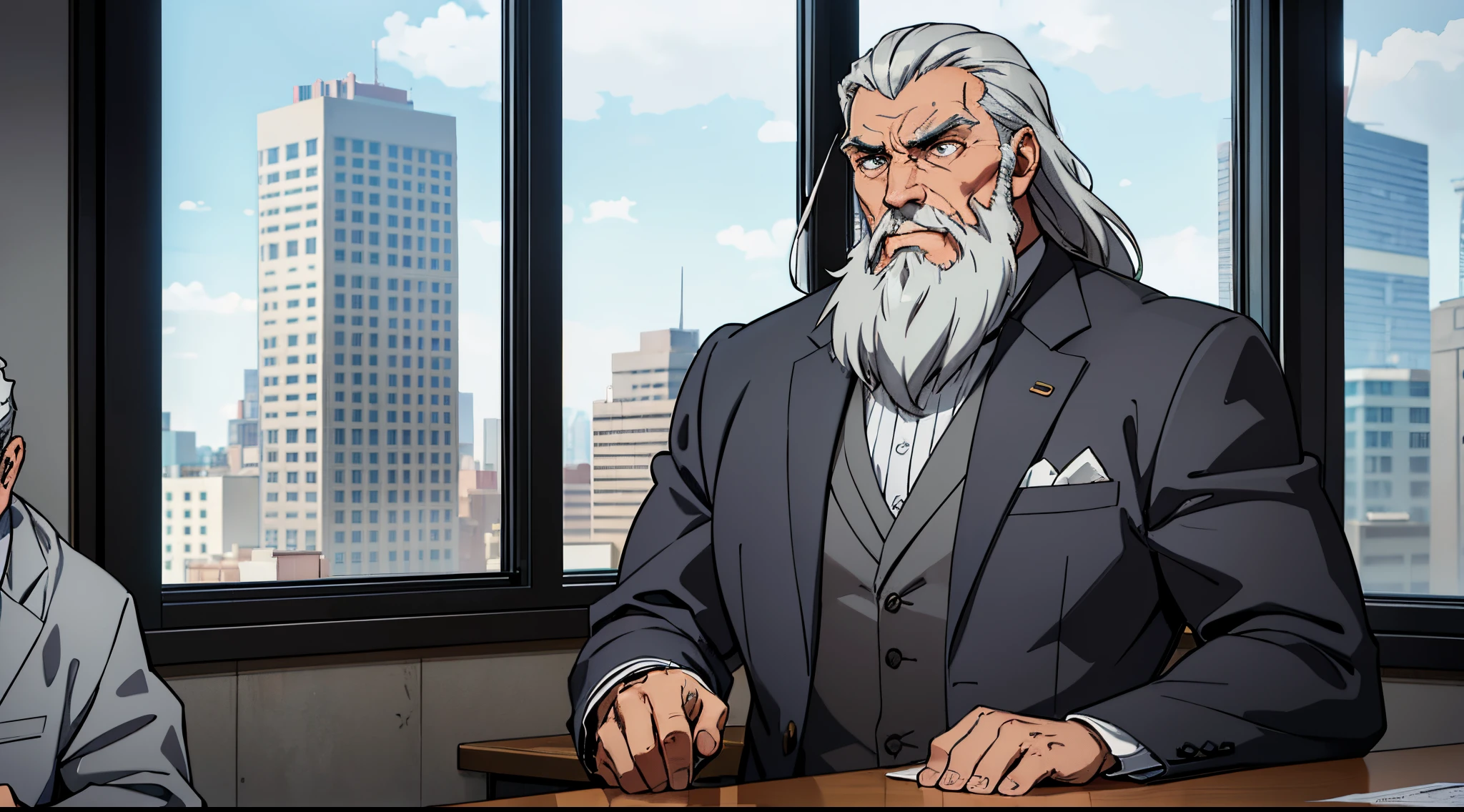 A master called (((Azok))) ,old, strong, bearded, grey suit, detailed face, gray hair and beard, intense gaze, commanding presence, wise expression, wrinkled skin, textured aging, confident posture, firm stance, is sitting in a big expensive office in a armschair, window behind him with the view of the city