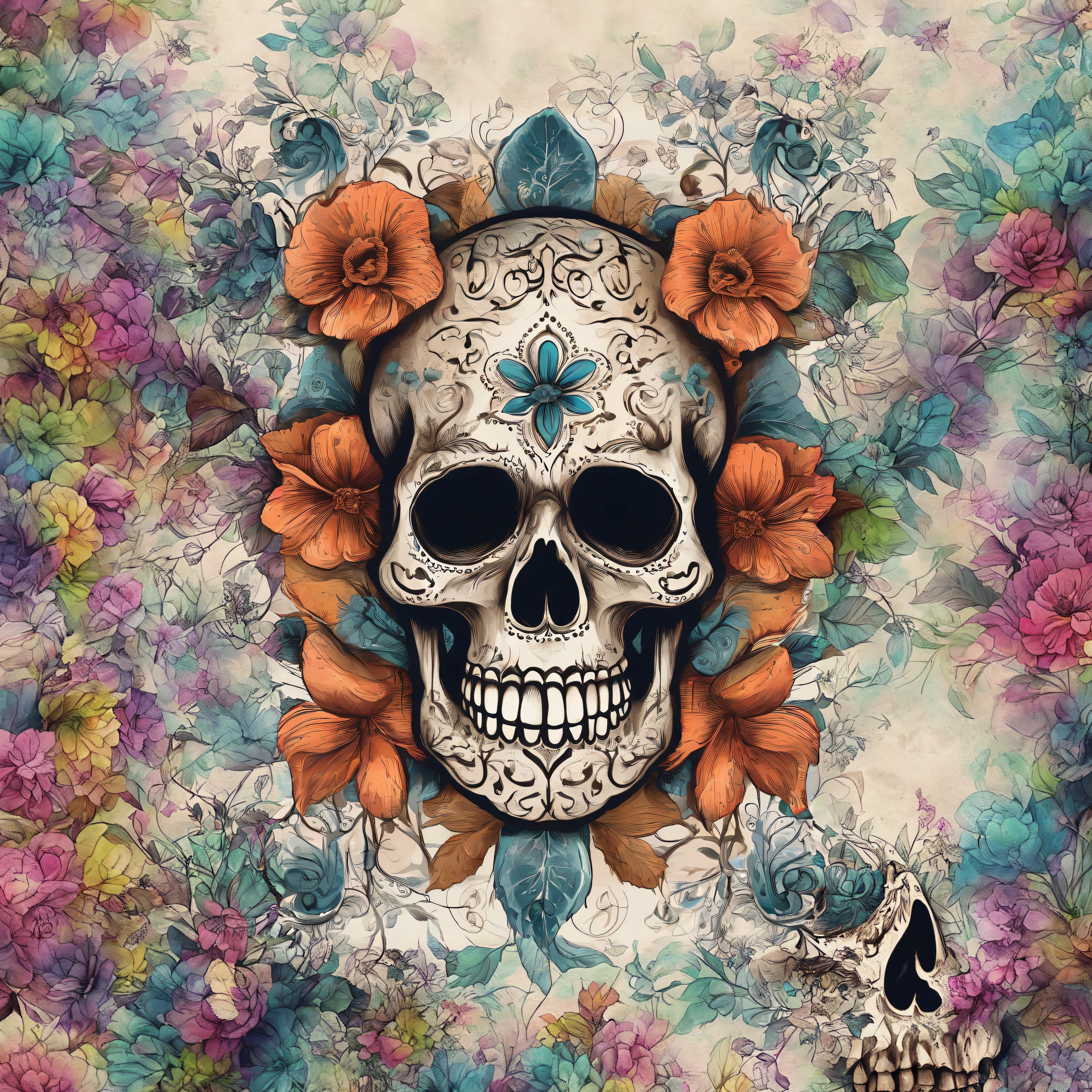 caveira com flores e folhas em um fundo branco, arte detalhada assustadora em cores, skull bones flowers, portrait of a sugar skull, arte digital altamente detalhada, sacred skull, sugar skull, Dia de Finados:. 8 mil, colorful illustration for tattoo, arte vetorial altamente detalhada, sacred skulls, fantasy skull, arte digital detalhada, Arte altamente detalhada em 4K, arte de fundo