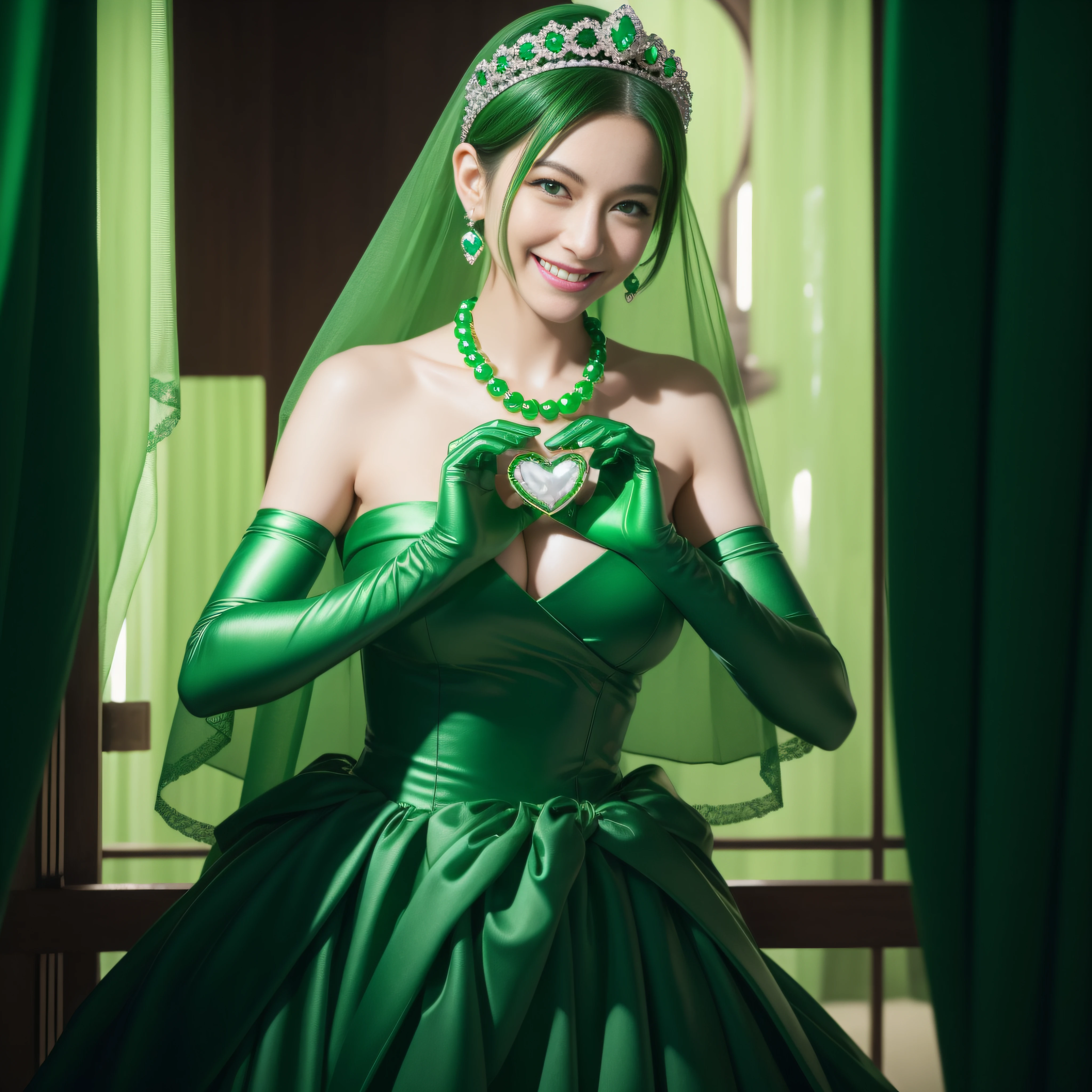 emerald tiara, Green Pearl Necklace, Boyish very short green hair, lipsticks, Japan woman smiling, very short short hair,  big breasts beautiful, Green eyes, Long green gloves made of satin material, Green eyes, Emerald Earrings, green vale, Heart with both hands