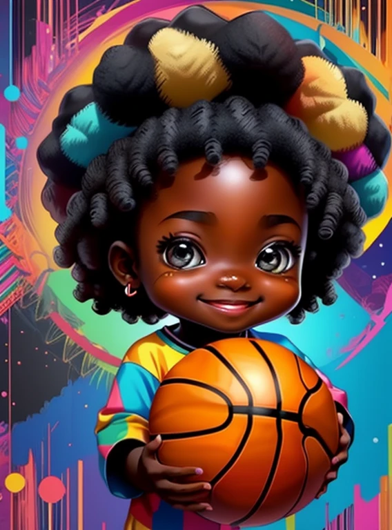 (cute black baby girl with a basketball smiling),(melhor pose),(best angle), (better expression), Eduardo Kobra acolchoamento ,multidimensional geometric wall PORTRAIT, arte, Chibi,
Yang08k, lindo, Colouring,
Primary works, qualidade superior, melhor qualidade, Arte Oficial, Beautiful and Aesthetic, pelos coloridos,