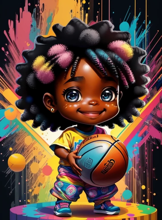 (cute black  girl with a basketball smiling),(melhor pose),(best angle), (better expression), Eduardo Kobra acolchoamento ,multidimensional geometric wall PORTRAIT, arte, Chibi,
Yang08k, lindo, Colouring,
Primary works, qualidade superior, melhor qualidade, Arte Oficial, Beautiful and Aesthetic, pelos coloridos,