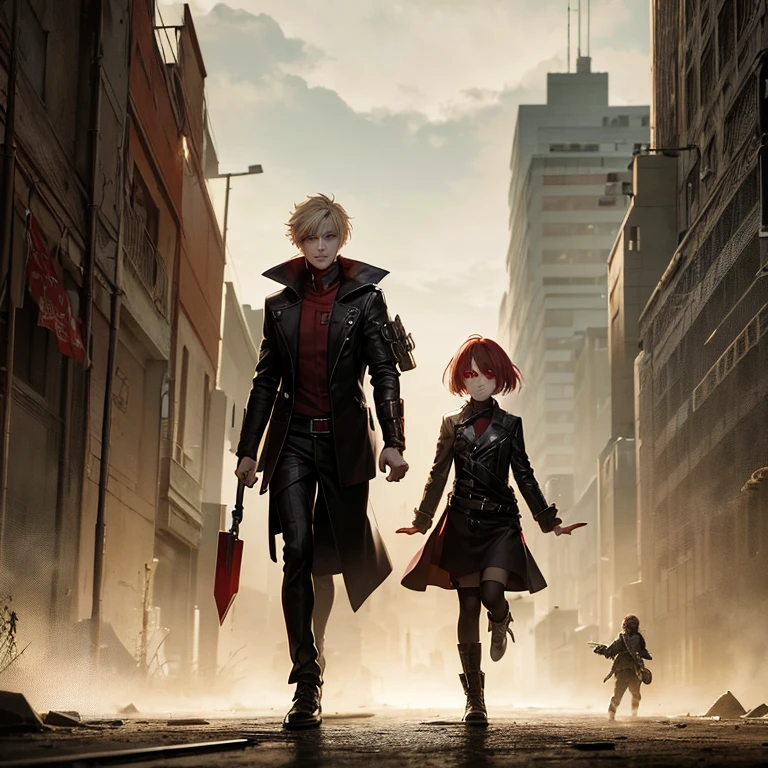 Male vampire with blond hair and red eyes running across a dystopian wasteland with a nine year old vampire child that is a girl with short red hair and red eyes at night, post apocalyptic, dark mystic setting, low light. The girl must have red hair and red eyes. The man must have blond hair and red eyes