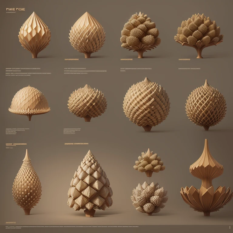 Technical data sheet of the pine cone project concept, characterized by style and flowing lines, View from different angles, Technical description of elements, repeat 16 times