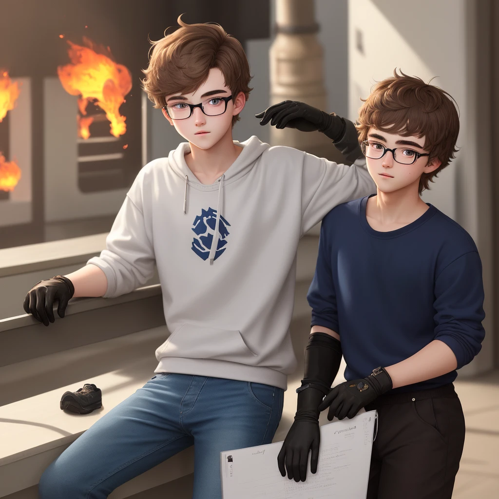 Horned Firey. Guy , with shaggy brown hair, and brown eyes. Wears a white sweatshirt, navy blue pants, holey black gloves and brown sneakers. Sometimes wears glasses with black rims on his head.