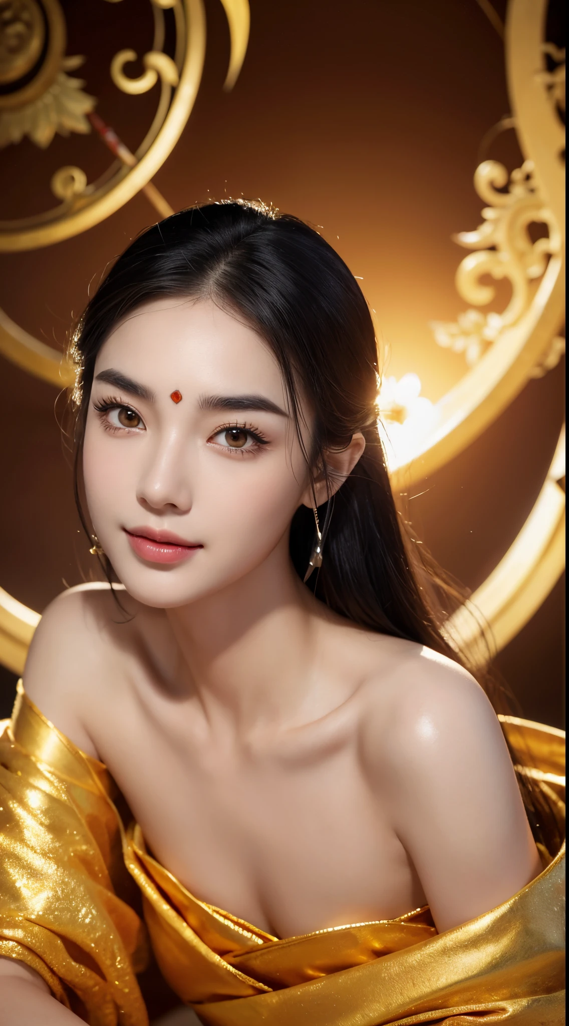 score_9, score8_up, stunning beautiful girl, 25 yo, detailed skin, beautiful shinning long luscious hair, strands of hair flaoting in air, hair updo, hair, delicate facial features, detailed glossy eyes and pupils, detailed shinning natural hairs, detailed sharp nose, detailed white glistening teeth, perfect symmetrical face, detailed natural perfect breasts, graceful pose, soft lighting, artistic painting, vibrant colors, ethereal atmosphere, mesmerizing gaze, flawless complexion, enchanting beauty, surreal background, solo, looking at viewer, bangs, (beautiful modern fashionable designer yellow,blue and red combination dress), earrings and necklace, cute smile, upper body, indoors, frills, night time, perfect lighting, luxurious living room, sofa, lots of colourful flowers,looking at the viewer, lips,