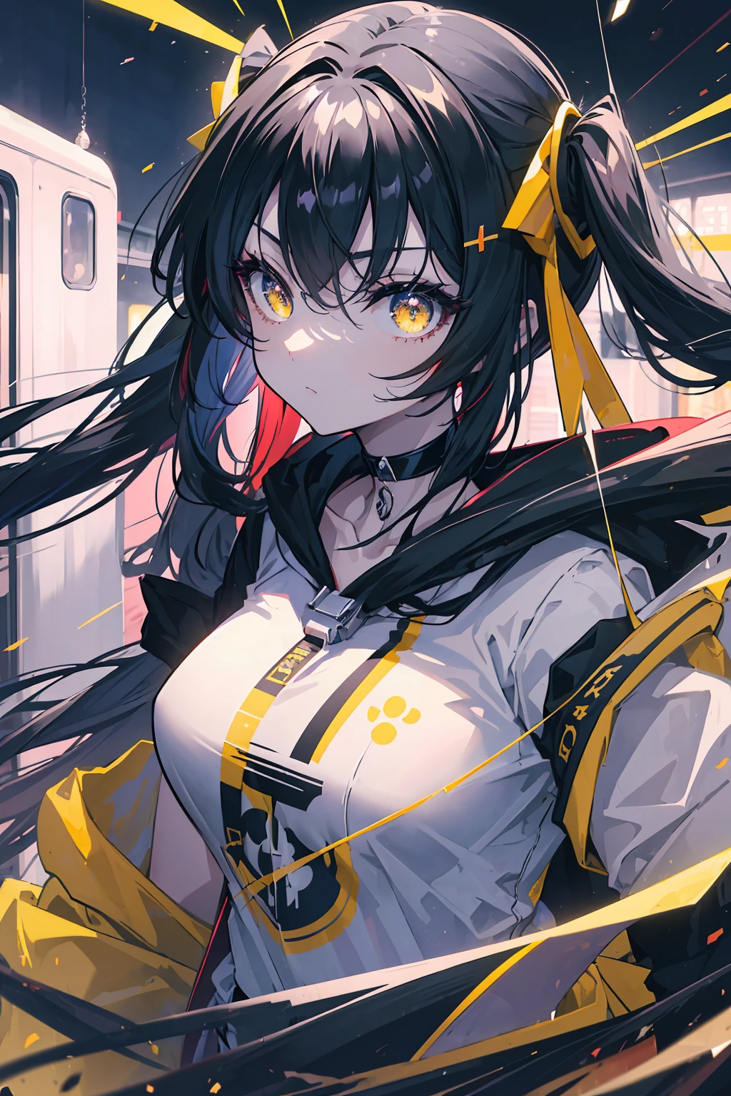 (masterpiece, beautiful, aesthetic, vibrant, official anime art, highest quality, 8k, 4k, 1girl), black long hair, long twintails, yellow eyes, choker, wearing a long black hoodie covering her thighs, inside a train, perfect shadows, beautiful eyes, detailed eyes, shiny, night time, hard light,