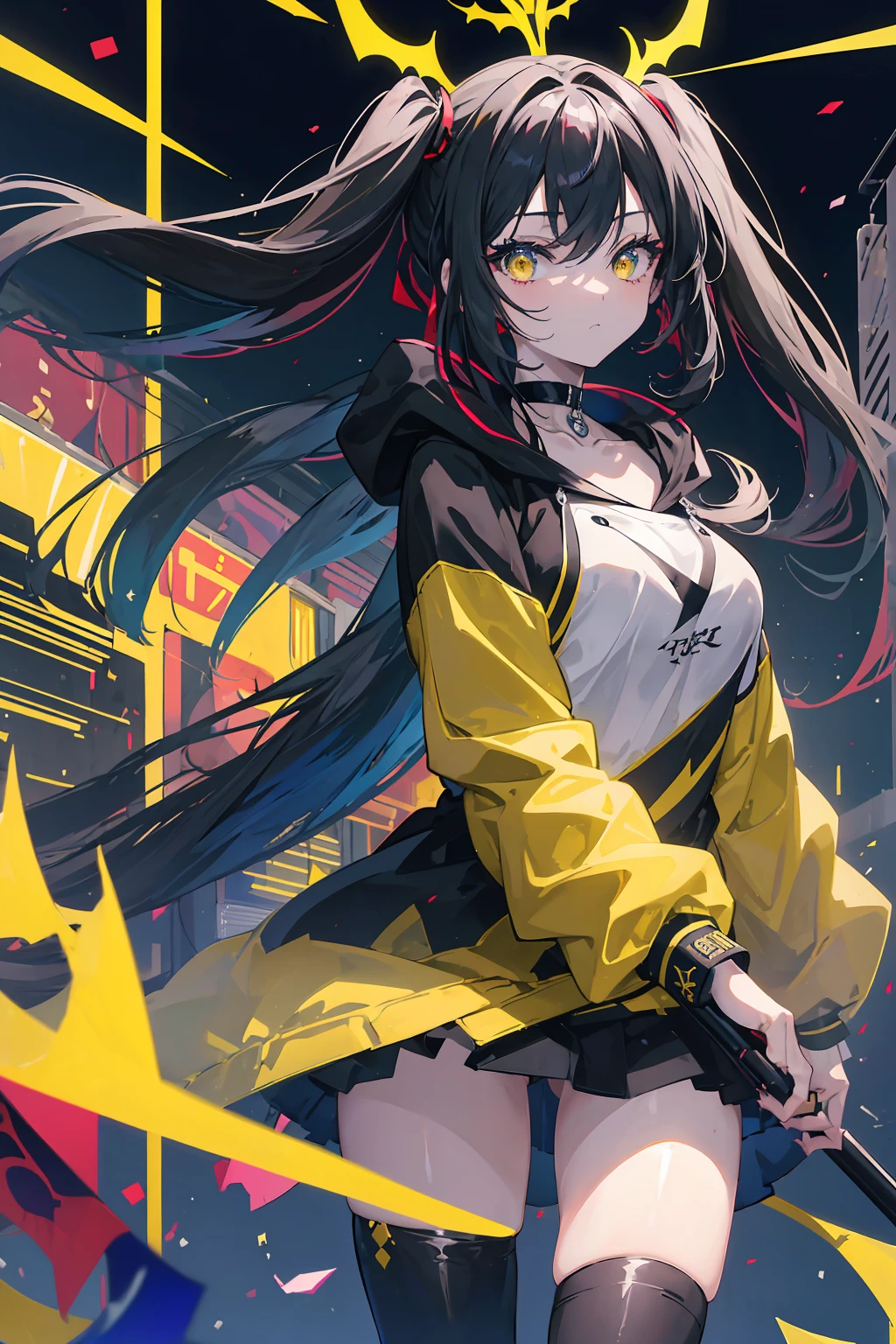 (masterpiece, beautiful, aesthetic, vibrant, official anime art, highest quality, 8k, 4k, 1girl), black long hair, long twintails, yellow eyes, choker, wearing a long black hoodie covering her thighs, inside a train, perfect shadows, beautiful eyes, detailed eyes, shiny, night time, hard light,