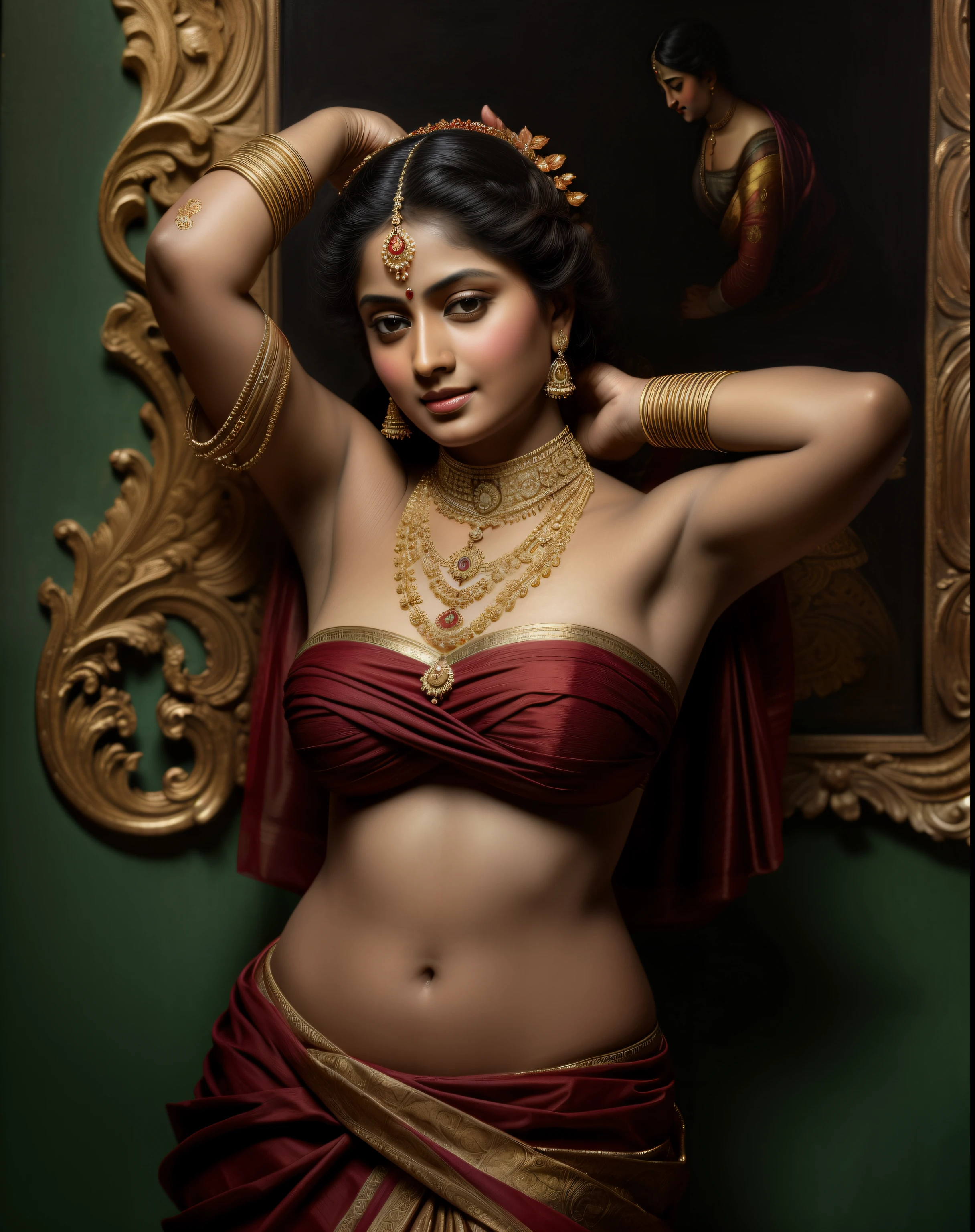 south asian facial features. girl. Should look very beautiful. pretty. Highly detailed and hyper realistic. The skin texture should be highly detailed and extremely accurate. thick black hair and brown eyes.. visible breasts. inside house.. dim lighting