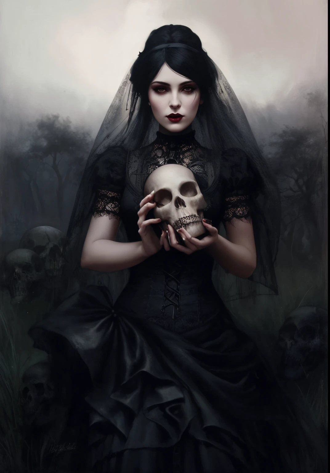 painting of a a very beautiful witch, in ethnic black clothes and a veil, holds a human skull on her knees, placing her hands with long sharp claws on it, dark atmosphere, cinematic scene, volumetric lights, ultra realistic, in the style of nicola samori