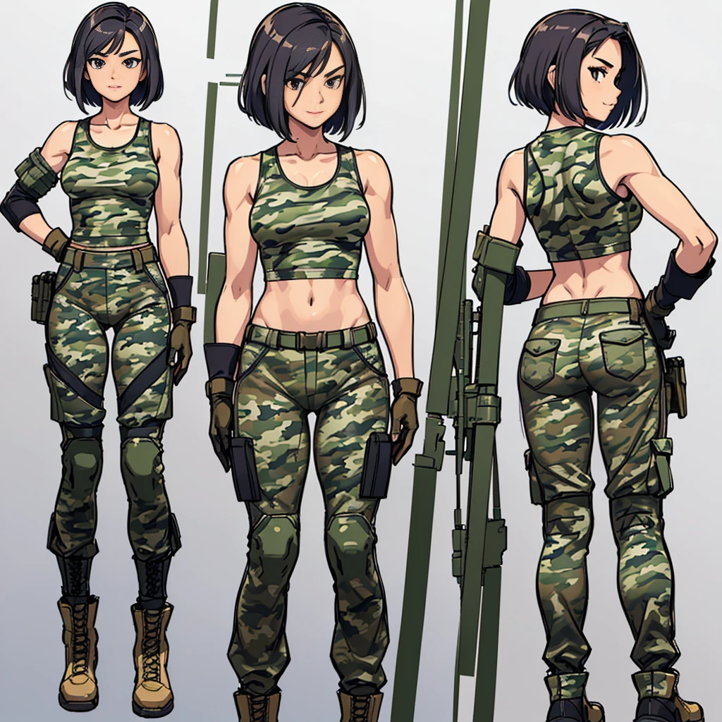 ((Best Quality)), ((Masterpiece)), ((Realistic)) 24 year old, filipina, shoulder length hair, confident smirk ((athletic)) (small breasts), ((( camouflage uniform, tank top, gloves and military pants ))) ((sexy)) short hairstyle (((detailed character sheet, frontal view, side view, back view, four quarter view))) (((white background))) 6 and a half heads full body
