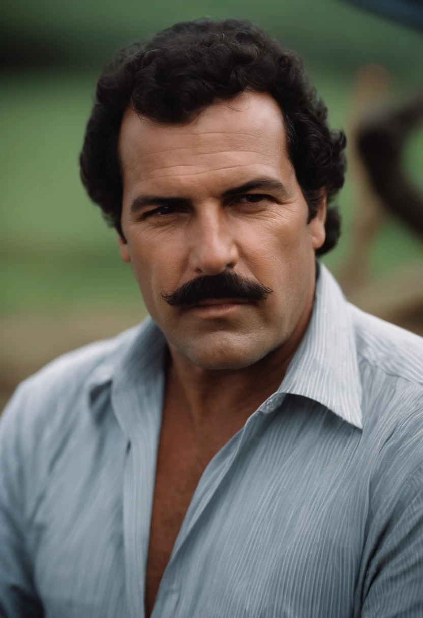 A photo of Escobar overseeing the construction of a new community housing project,original,Pablo Escobar, the infamous Colombian drug lord and leader of the Medellín Cartel, was often recognized for his stout build and mustachioed face. He typically dressed in casual attire, favoring simple polo shirts and slacks, which contrasted sharply with his immense wealth and power. His dark, brooding eyes and stern expression often gave him an intimidating presence, a reflection of his formidable status as one of the world’s most notorious criminals., male