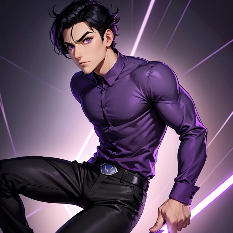 1boy, purple long sleeve shirt, black pants, black hair, purple eyes, full power, cartoon style, Disney, pixar