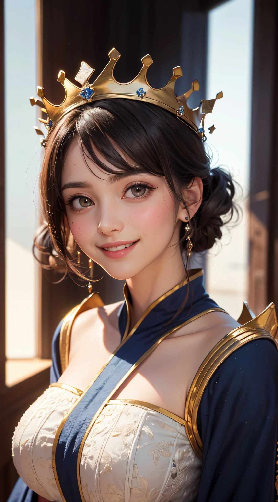 (UHD, retina, masterpiece, ccurate, anatomically correct, textured skin, super detail, high details, high quality, best quality, highres, 1080P, HD, 4K, 8k, 16k), (beautiful detailed eyes, beautiful detailed lips, extremely detailed eyes and face), studio lighting, physically-based rendering, vivid colors, (big tits, super big tits, super extra big tits, glamorous body), (crown, king's robe:1.5), (portrait, shiny hair, shiny skin), (bokeh), (tilt your head to the side:1.5), eye reflection, (blush, smile:1.5),