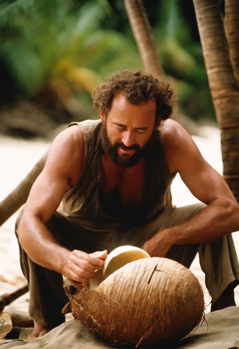 A photo of Chuck carefully fashioning a coconut husk into a makeshift bowl.,Cast Away (film),Chuck Noland, portrayed by Tom Hanks in the film “Cast Away,” is currently stranded on a deserted island in the Pacific Ocean.  Sunburnt and bearded, with long, unkempt hair, his physical condition reflects the harsh realities of island survival. He has a rugged, weathered look, with tattered clothes and a leaner physique due to the scarcity of food., male