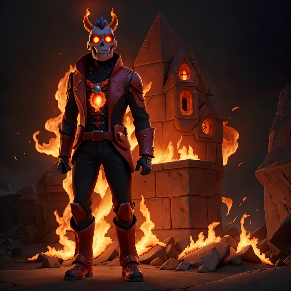 Inferno battle, Zurg-like character with a skull head, full body, intense flame, burning planet, evil presence, menacing posture, dark and ominous atmosphere, highly detailed skull head, skeletal structure visible, glowing eyes, raging fire, smoky surroundings, sparks flying, vibrant colors, high-resolution masterpiece:1.2, surrealistic rendering, intense lighting, gothic horror style, fiery red and orange color palette, haunting shadows.