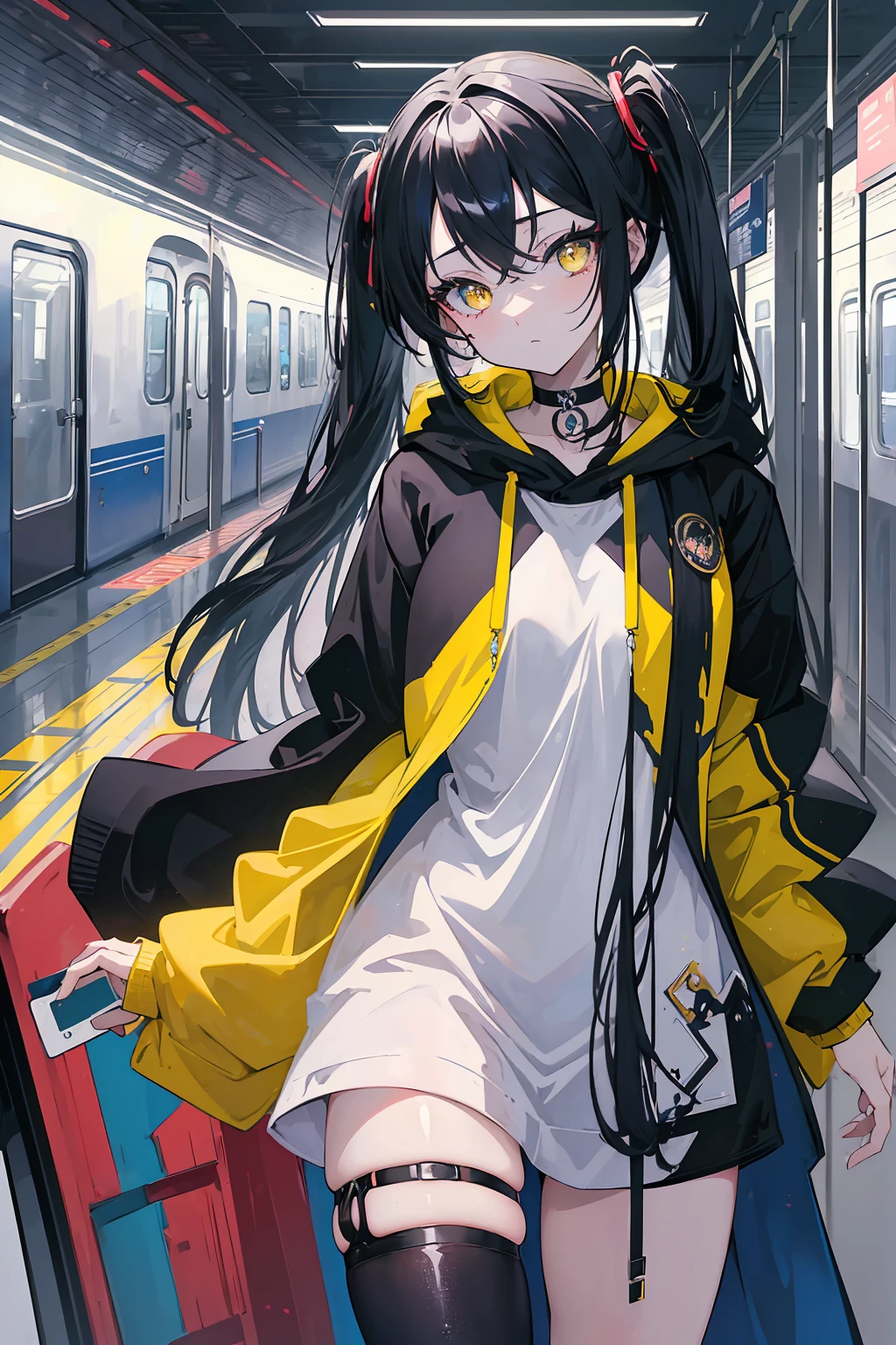 (masterpiece, beautiful, aesthetic, vibrant, official anime art, highest quality, 8k, 4k, 1girl), black long hair, long twintails, yellow eyes, choker, wearing a long black hoodie covering her thighs, (standing inside a train), perfect shadows, beautiful eyes, detailed eyes, shiny, hard light,