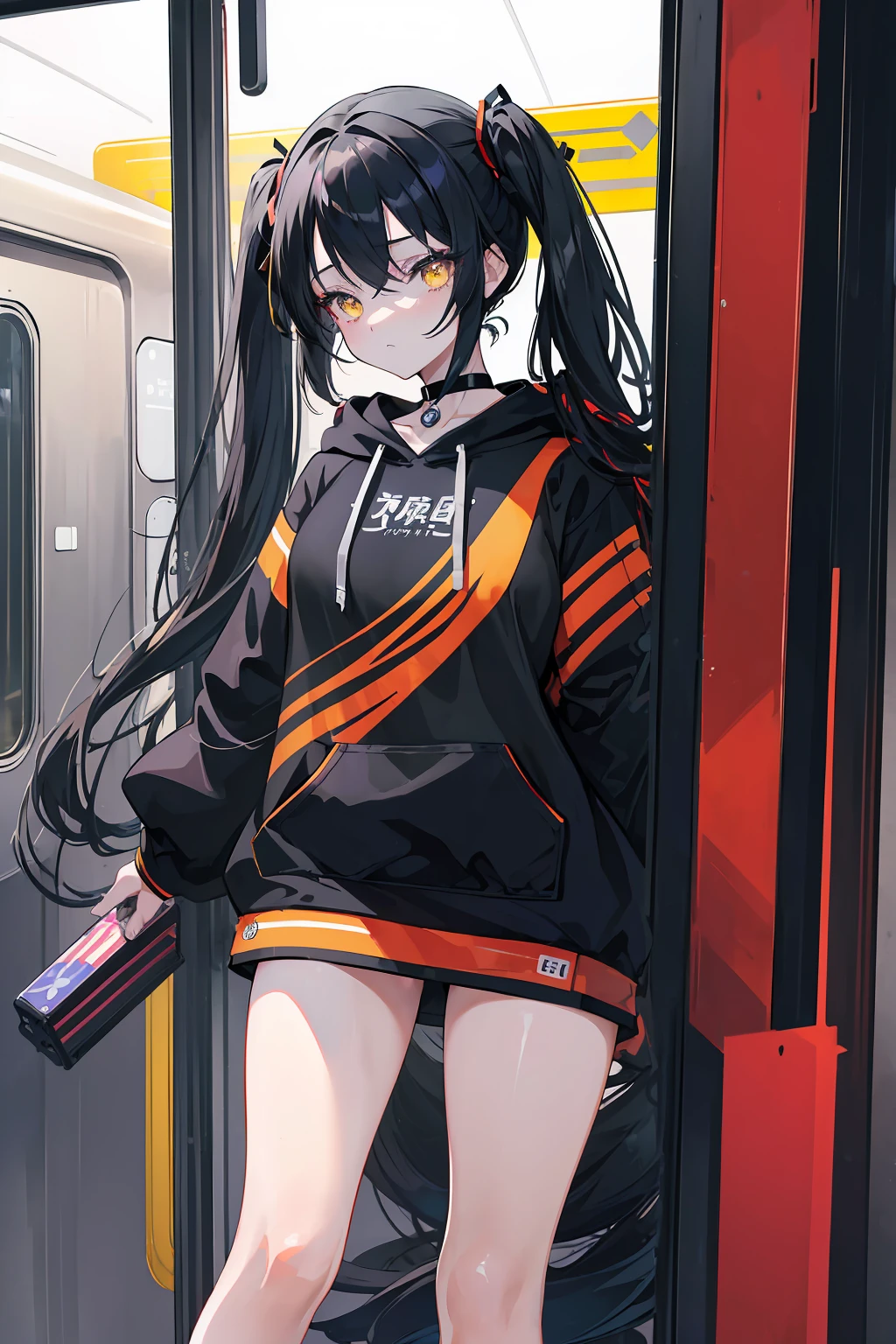 (masterpiece, beautiful, aesthetic, vibrant, official anime art, highest quality, 8k, 4k, 1girl), black long hair, long twintails, yellow eyes, choker, wearing a long black hoodie covering her thighs, (standing inside a train), perfect shadows, beautiful eyes, detailed eyes, shiny, hard light,