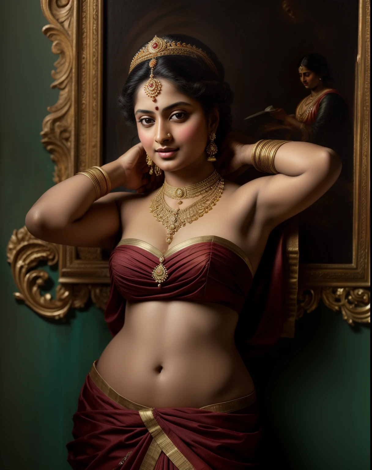 Beautiful Indian Woman, wearing saree, sari Beauty, gorgeous, Apsara, Maharani, royal queen woman, nymph from Hindu Mythology, Urvashi, matchless beauty, Highly detailed, Oil Painting by Peter Paul Rubens inspired by Raja Ravi Varma, Matchless beauty, captivating, gorgeous, heavenly beauty, celestial beauty, by Peter Paul Rubens, 1893, realistic, hyper realistic, micro details, incredible artwork, insane details, ultra High resolution, 8k, 32k, acrylic on canvas, intricate, flawless, detailed, detailed face, detailed eyes, masterpiece, by Peter Paul Rubens, by Caravaggio, by William Adolphe bouguereau, perfect face, perfect body, beautiful art, realism, baroque, renaissance Art, highly textured, beautiful and detailed eyes, uhd, best quality,