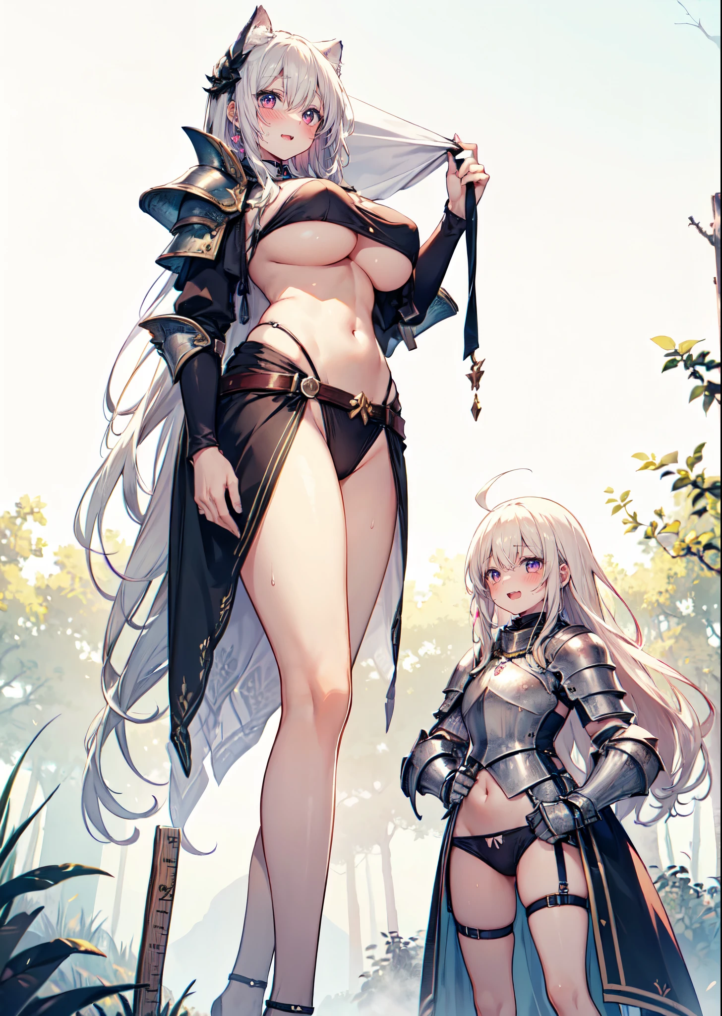 fantasy forest, (fantasy:1.2), (forest background: 1.3), (yuri:1.5), looking at another, (2girls:1.7), (giantess:1.2), (height_difference:2), (size_difference:1.7), (she is towering over her: 1.3), (giantess:1.1), forest background, nature environment, she is much taller than her, a giantess next to a girl, a giantess looking down at a girl, a giantess, (tall woman:1.4), (adult woman: 1.2), large breasts, navel, panties, happy, (very tall: 1.1), armor, gambeson, shoulderplates, from below, girl next to a giantess, woman, tiny breasts, armor, gambeson, shoulderplates, naked, long hair, embarrassed, scared, poor clothing, dirty clothing, (long_hair:1.3), big breasts, sweaty, village background, bare skin, underboob, catgirl, they love each other,