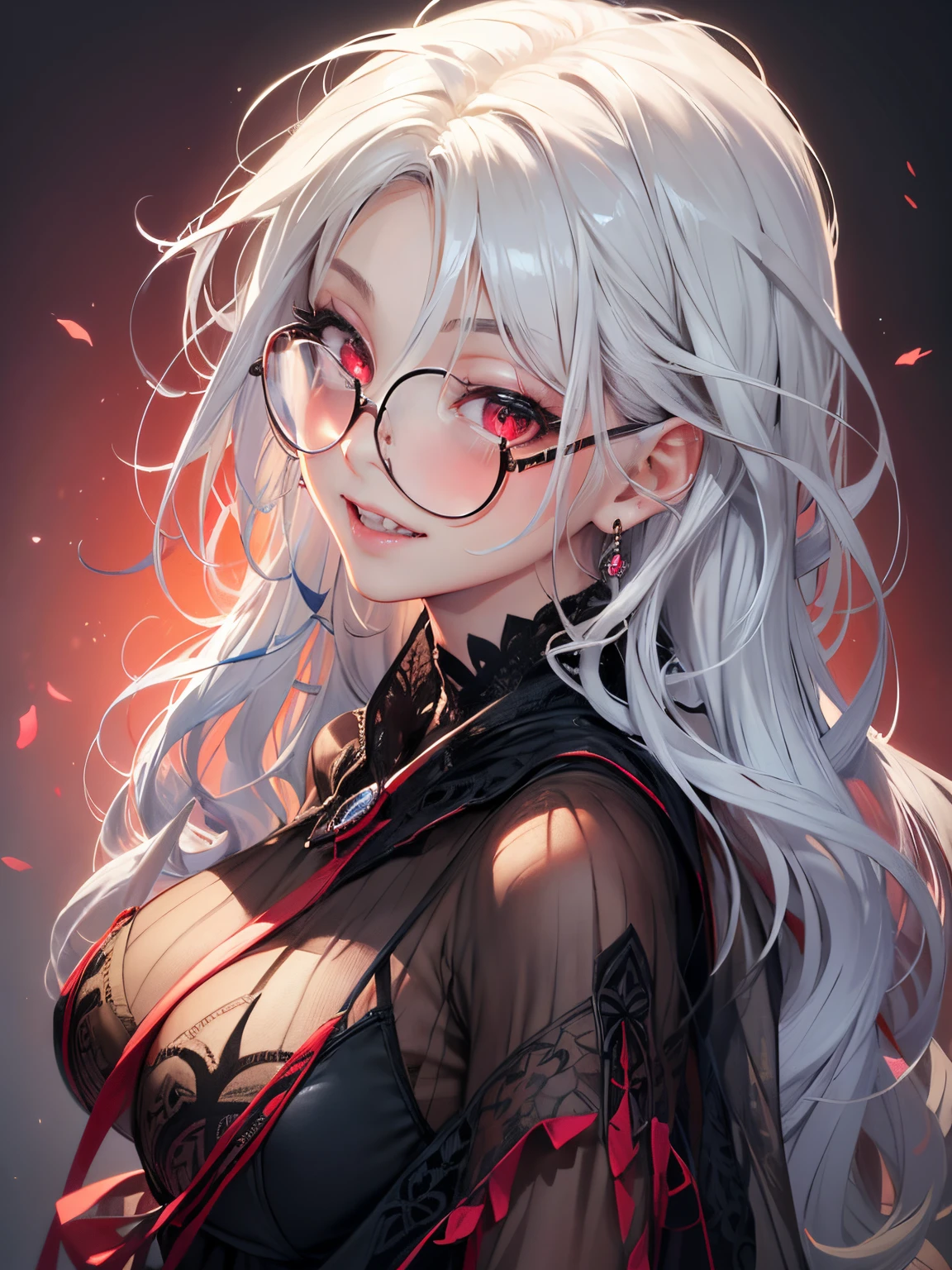 (masterpiece), (best quality), (ultra-detailed), 1girl, White hairs, red eyes, Transparent glasses, Cute smile, Beautiful, Detailed eyes, Detailed face, Detailed hands, Demonic teeth's, Mouth open,