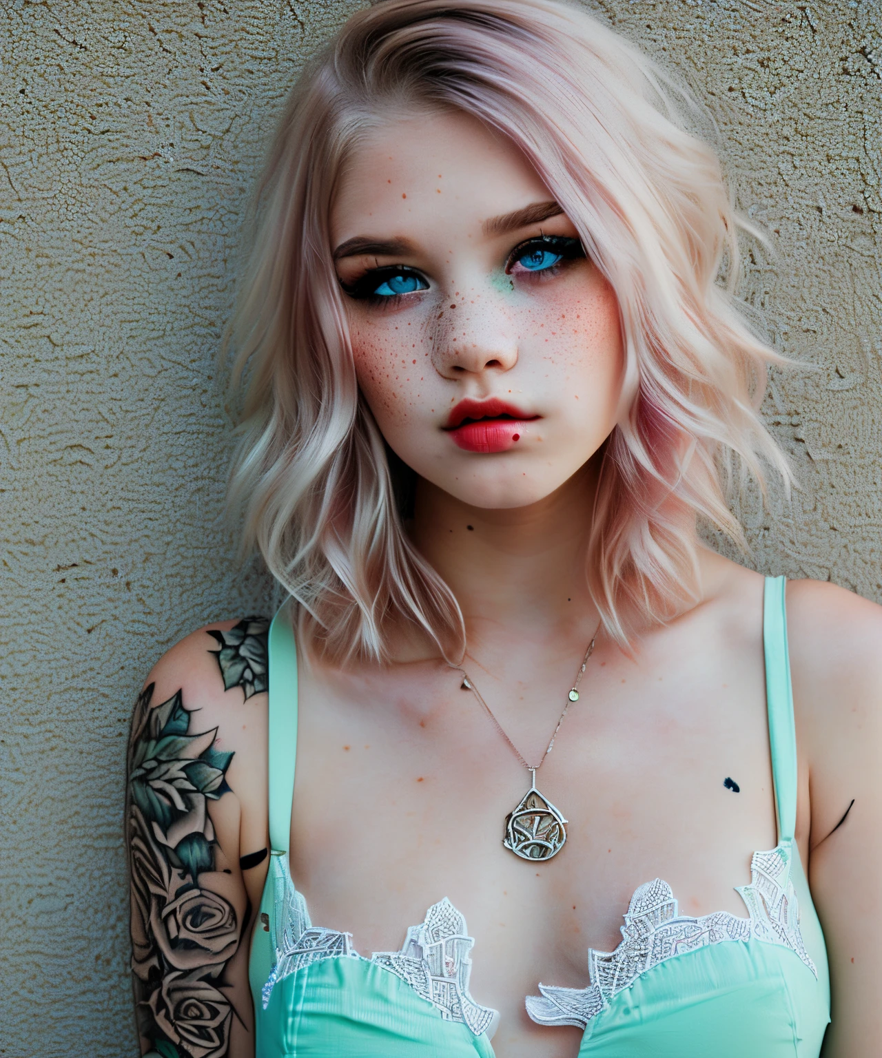 Female, human, ager, hunter outfit, short hair, mint green hair, baby blue eyes, curvy, Sexy, medium bust, cute, light makeup, light freckles, rose tattoo, public, people, blush, house