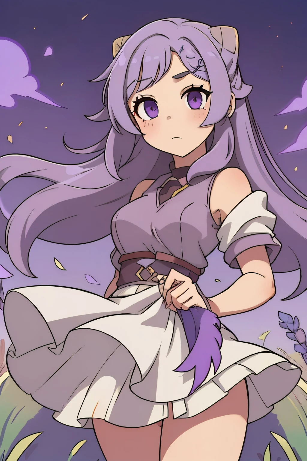 A young girl in her twenties, with lavender colored hair and eyes. She is in a field full of short grass and the wind is blowing her cosmic colored gress