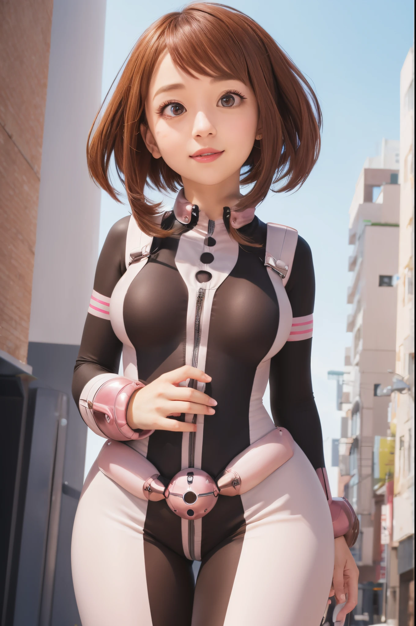 top-quality, 8K, ultra-detailliert, Photorealsitic, Ochako Uradaka, Ochako Uraraka, (Uraraka Ochako:1.5), (Brown eyes:1.5), Brown hair, Short hair, blush,
BREAK (body suit:1.5), Skin Tight, Superhero,
BREAK outdoors, city,
BREAK looking at viewer, Cowboy Shot,
BREAK nsfw,(masutepiece:1.2), Best Quality, High resolution, Unity 8k壁纸, (Illustration:0.8), (Beautiful detailed eyes:1.6), extra detailed face, Perfect Lighting, extremely details CG, (Perfect hands, Perfect Anatomy), 1girll, 13years, Japan Faces